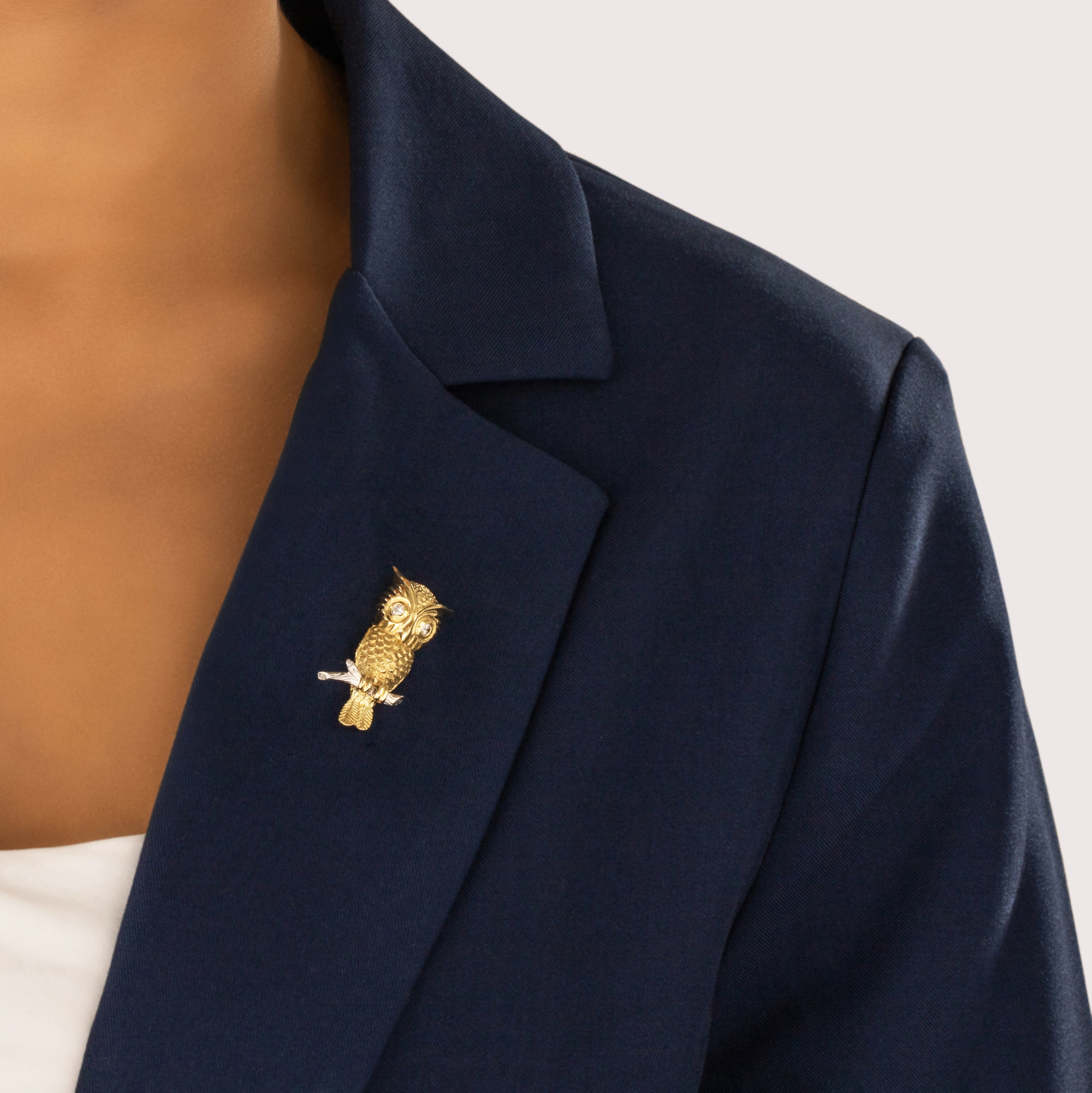 Vintage Hammerman Bros. Heavy 18k Yellow Gold & 14k White Gold Diamond Mysterious Perched Owl Brooch / Pin - On model view