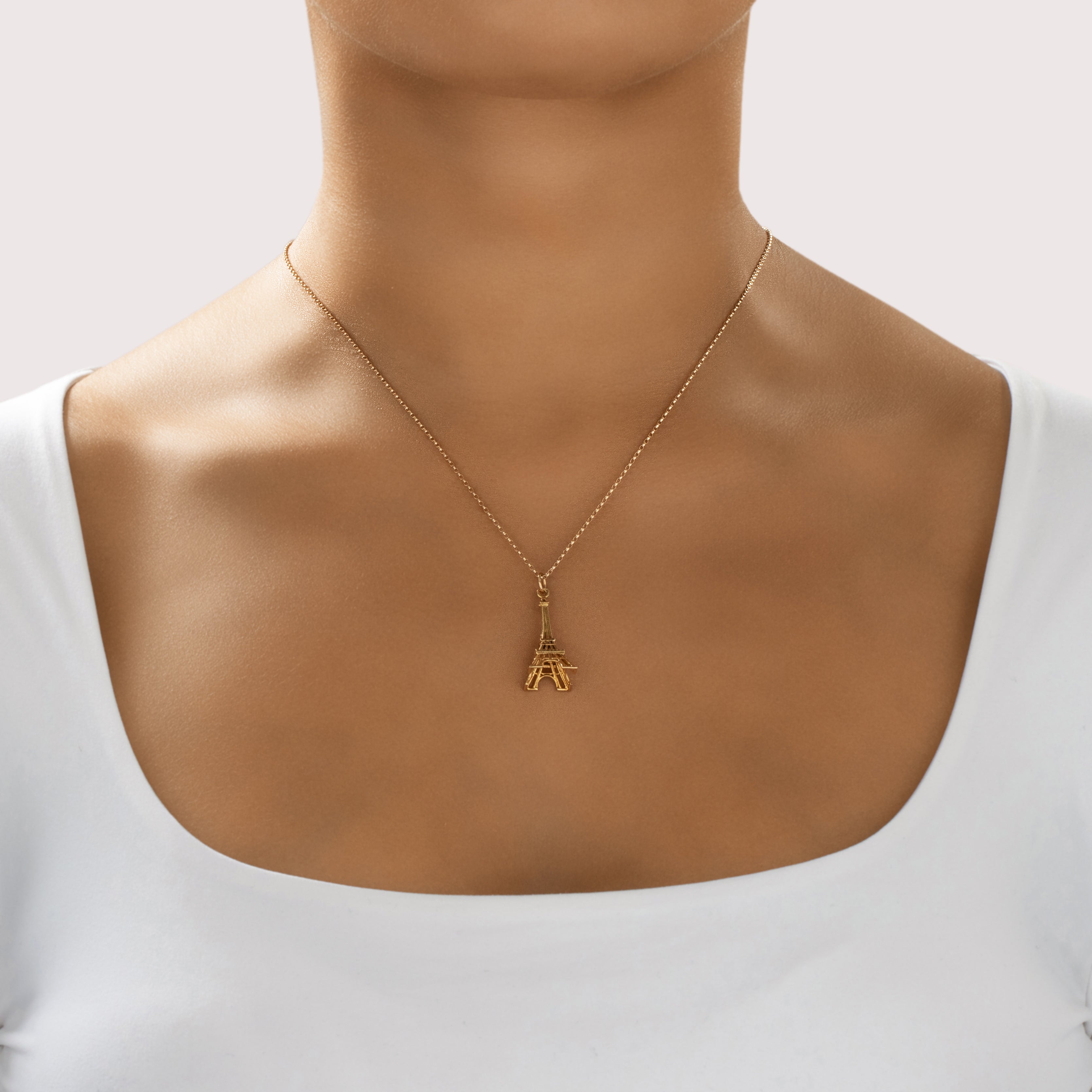 Vintage French 18k Yellow Gold Dimensional Eiffel Tower Charm / Pendant - On model view