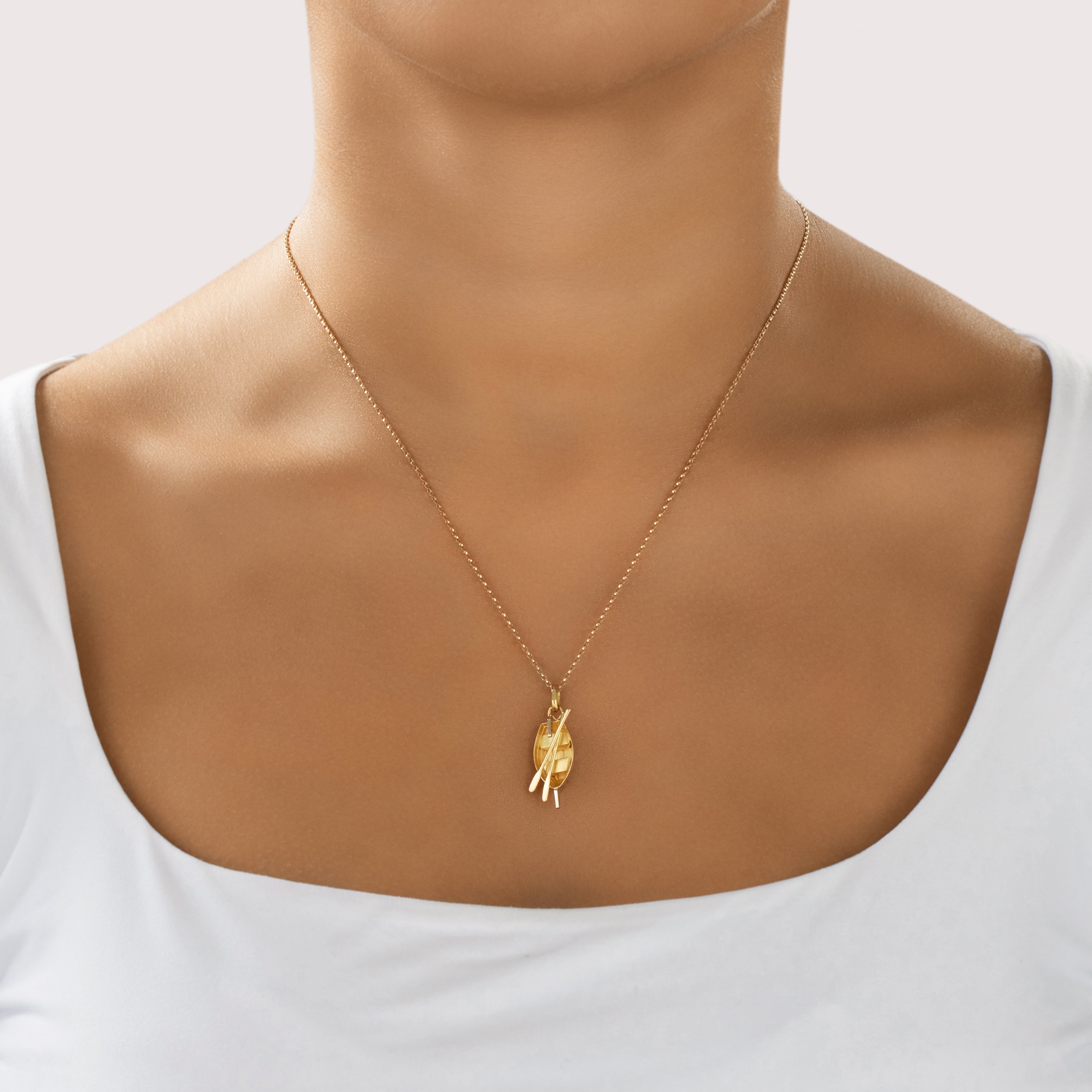 Vintage Italian 18k Yellow & White Gold Serene Rowboat Charm / Pendant - On model view