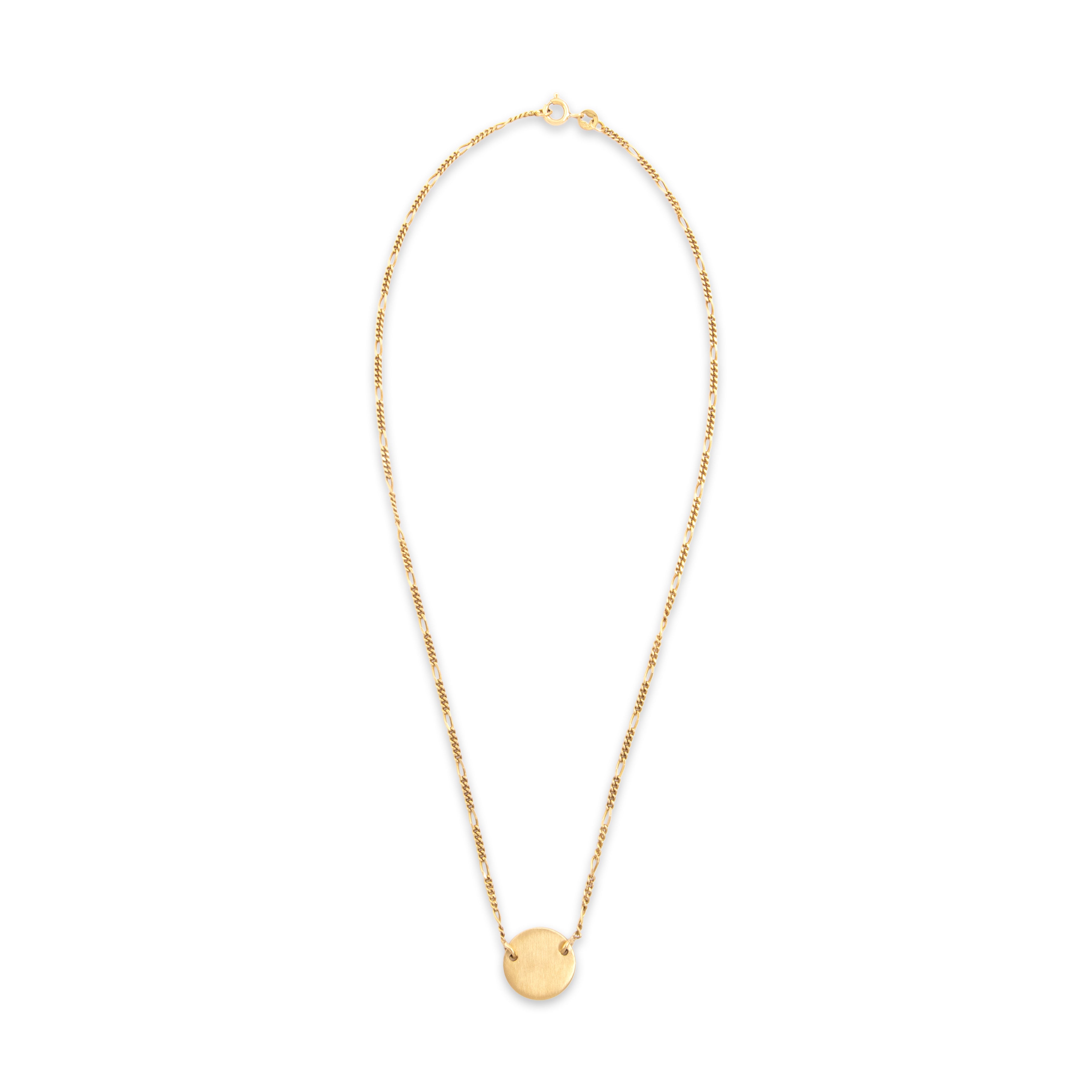 Vintage Italian 18k Yellow Gold Round Medallion Figaro Chain Reversible Brushed Necklace - Overall view