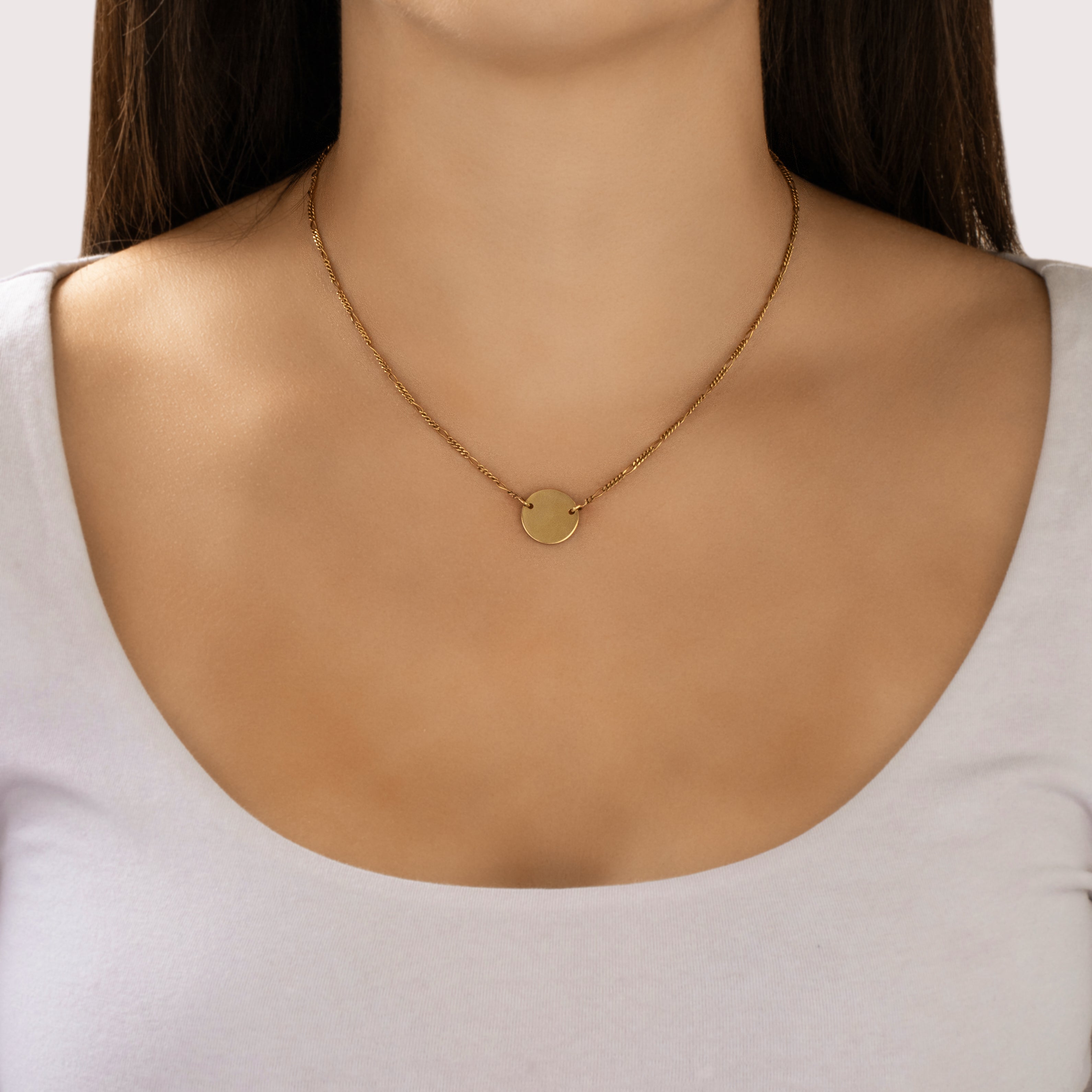 Vintage Italian 18k Yellow Gold Round Medallion Figaro Chain Reversible Brushed Necklace - On model view