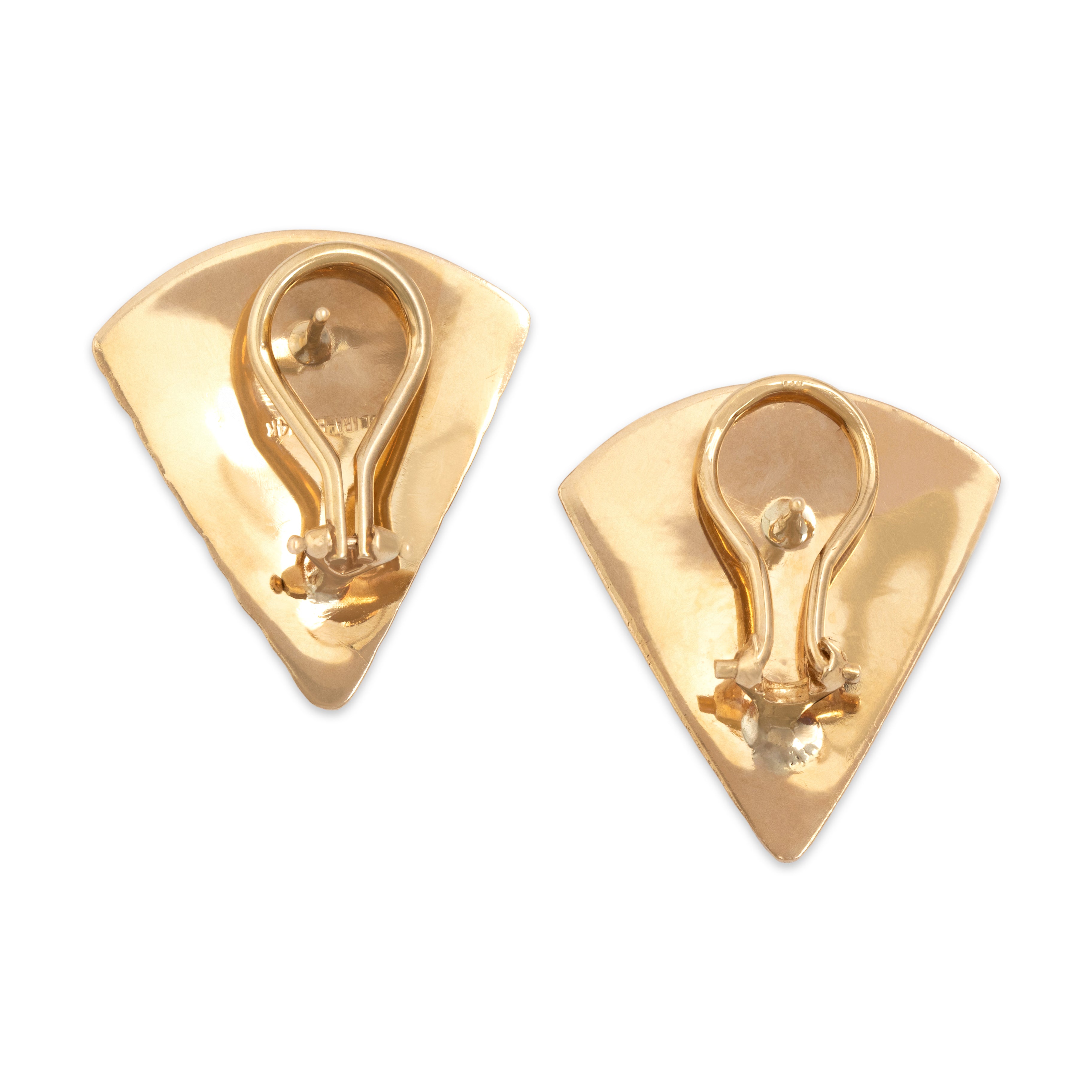 Vintage 14k Yellow Gold Puffy Triangle Statement Omega Back Earrings - Back view