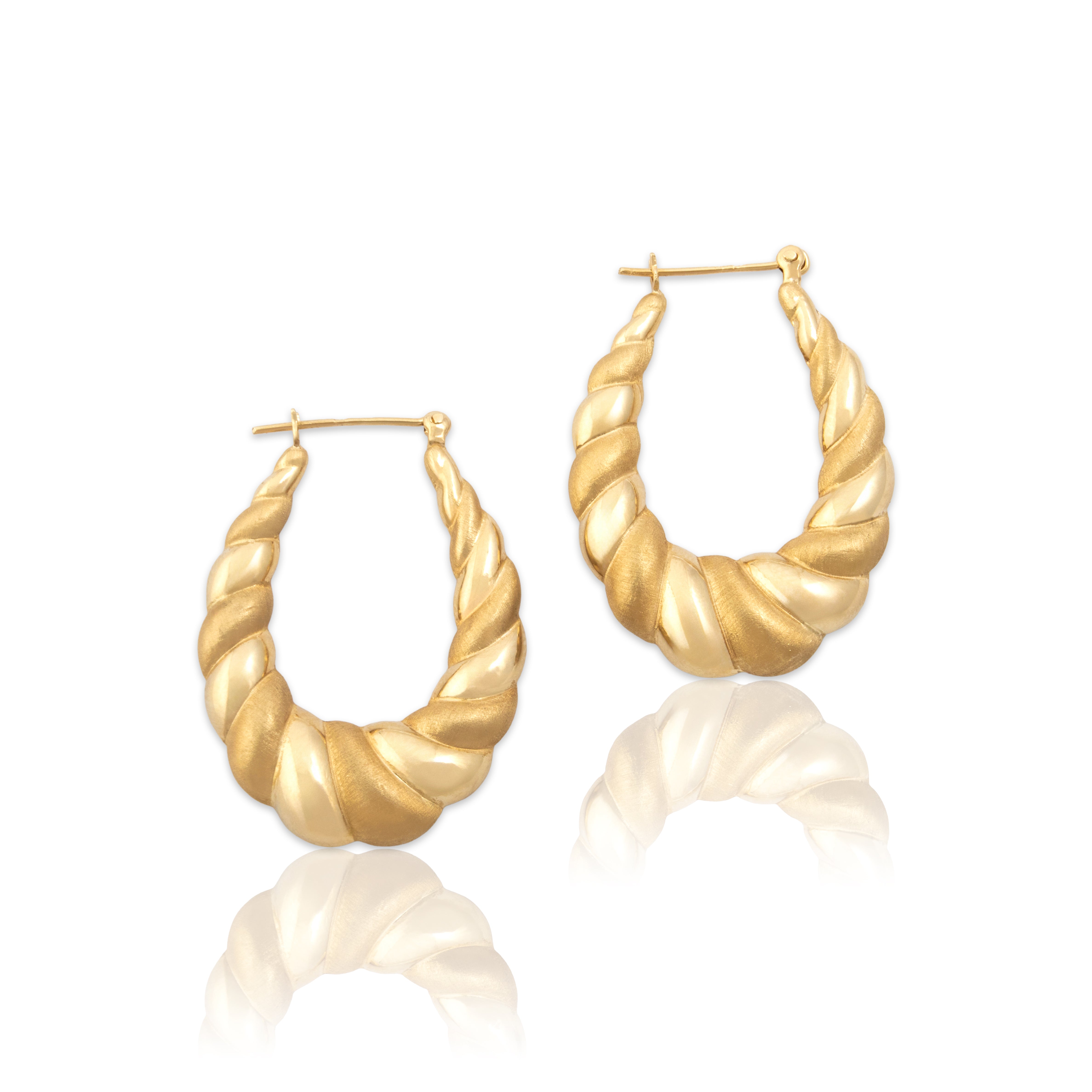 Vintage Lightweight 14k Yellow Gold Dual Finish Textured Puffy Hoop Earrings - Close-up view