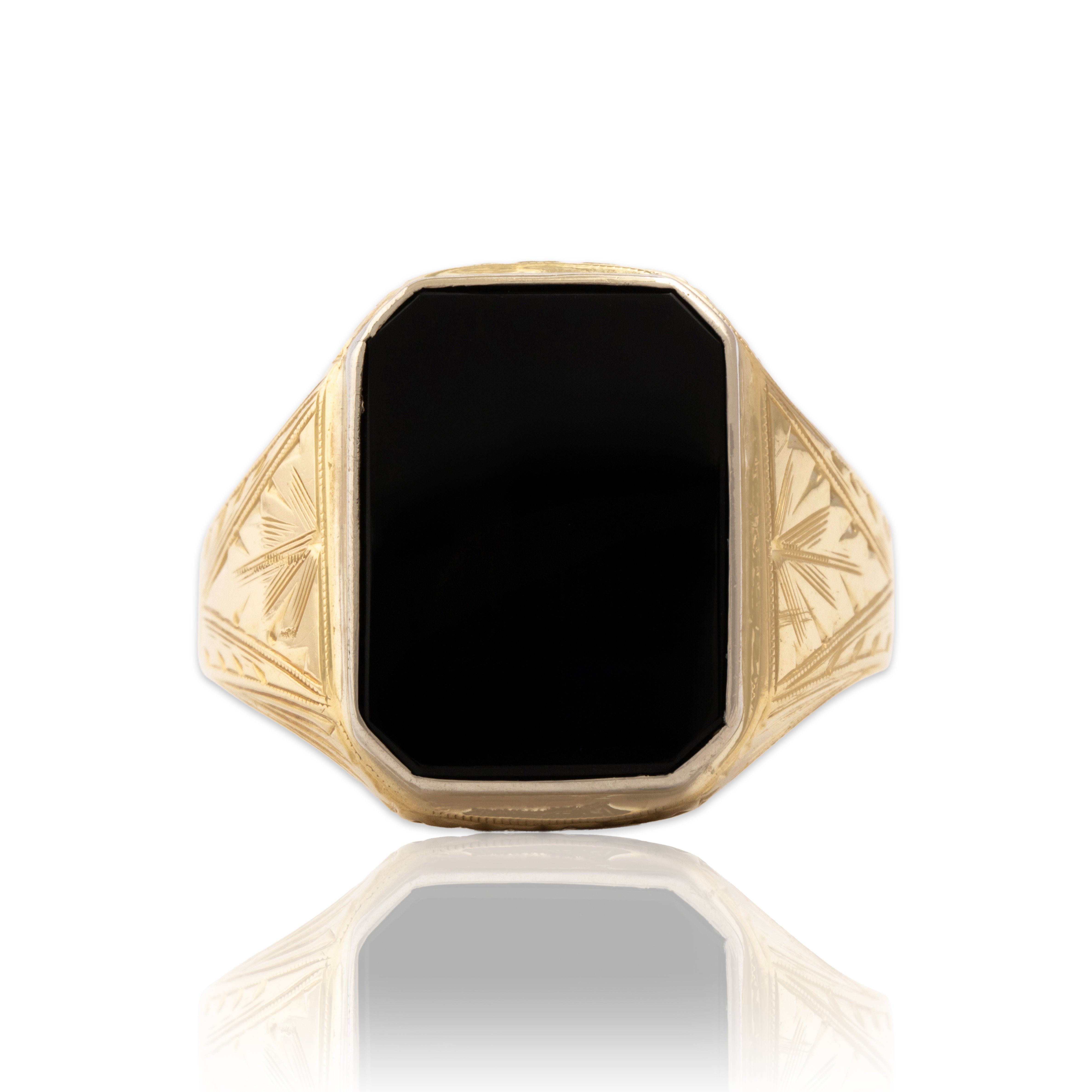 Vintage 14k Yellow & White Gold 3.35ct Onyx Bold Decorated Shoulder Signet Ring - Close-up view