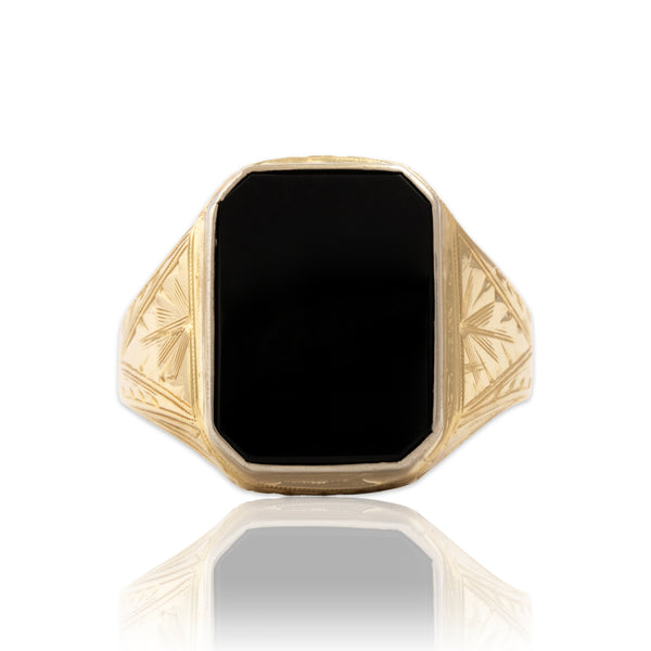 Vintage 14k Yellow & White Gold 3.35ct Onyx Bold Decorated Shoulder Signet Ring 11.25