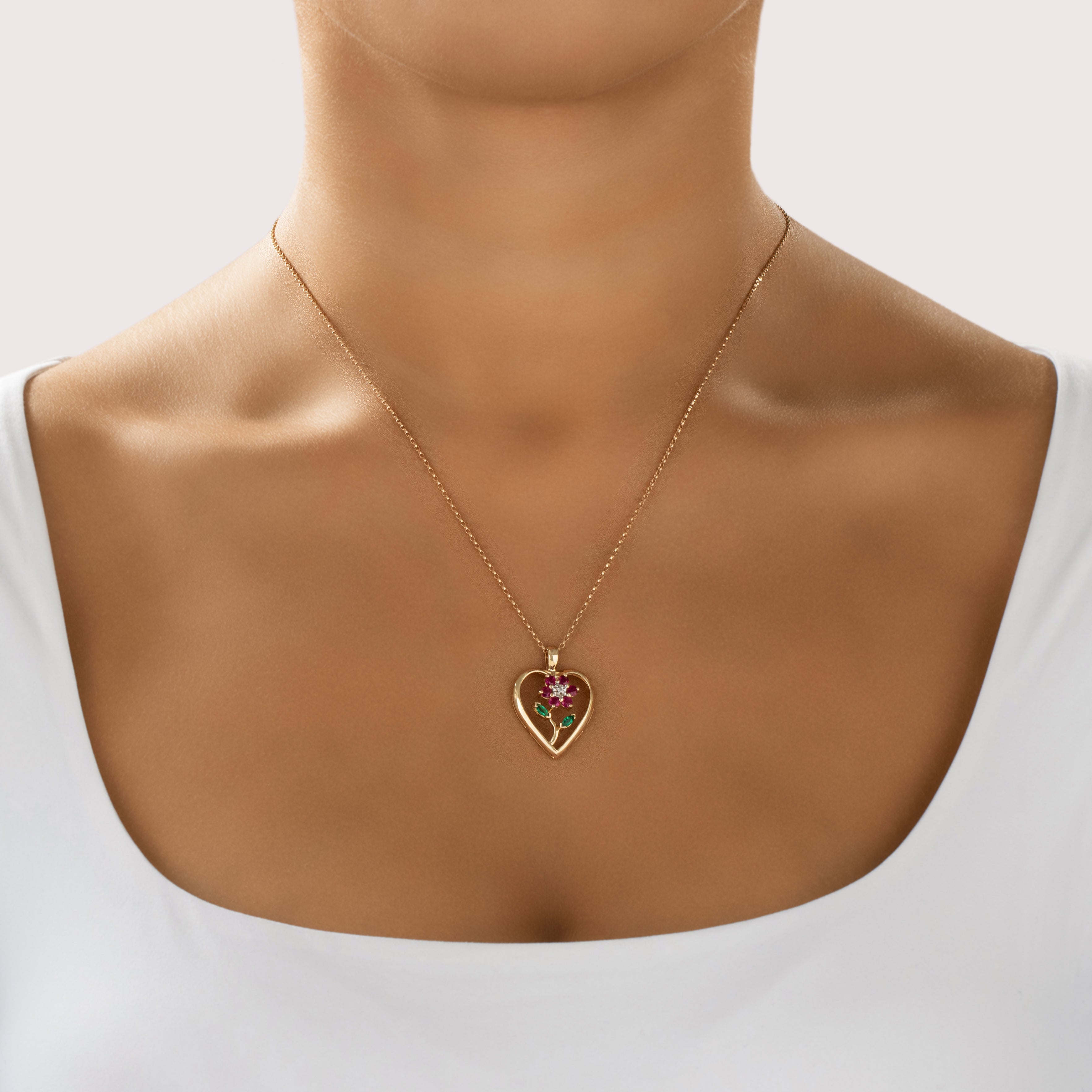Vintage 14k Yellow Gold .5cttw Ruby Emerald Diamond Lovely Heart-Framed Flower Pendant - On model view
