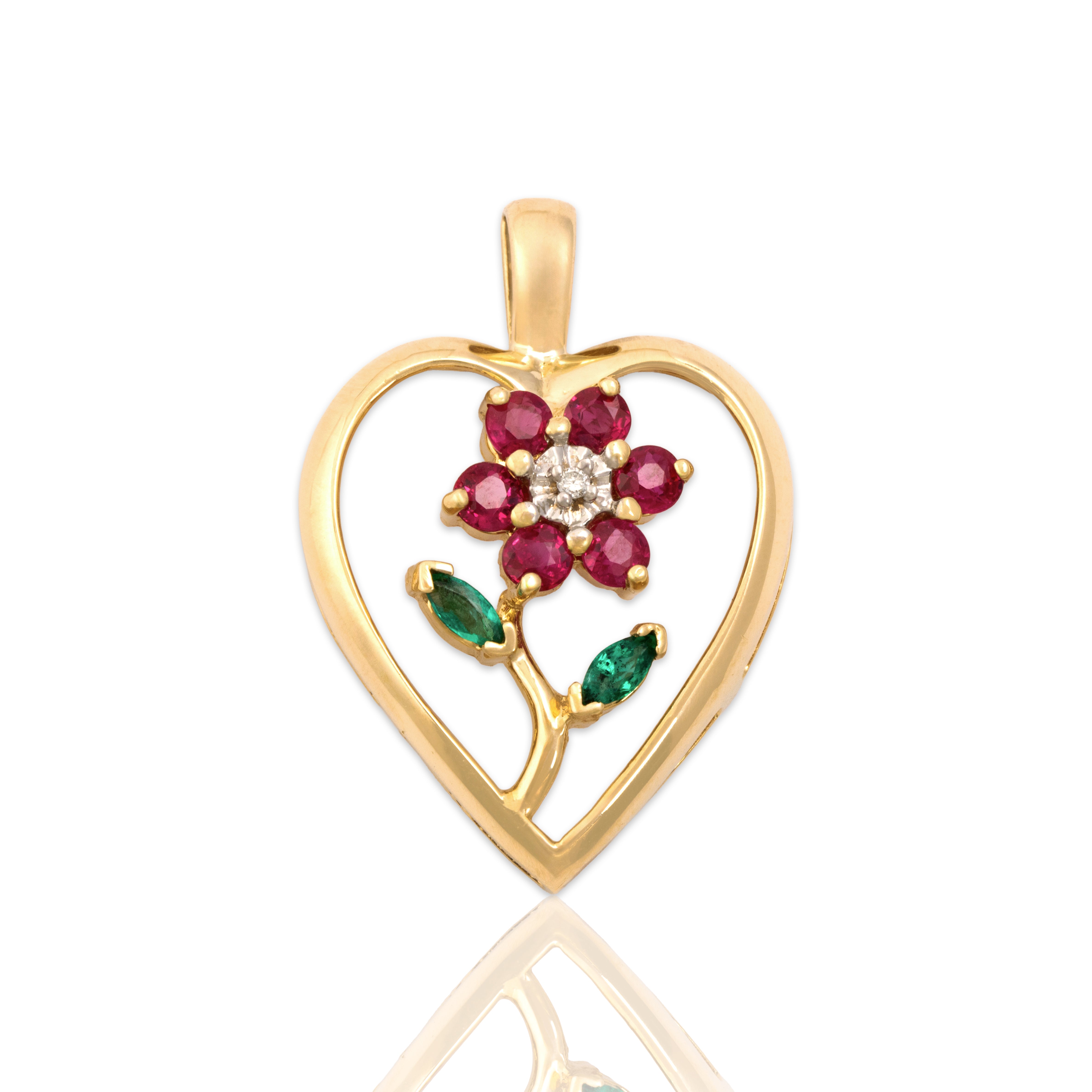 Vintage 14k Yellow Gold .5cttw Ruby Emerald Diamond Lovely Heart Flower Pendant