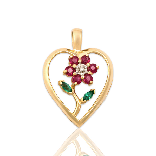 Vintage 14k Yellow Gold .5cttw Ruby Emerald Diamond Lovely Heart Flower Pendant