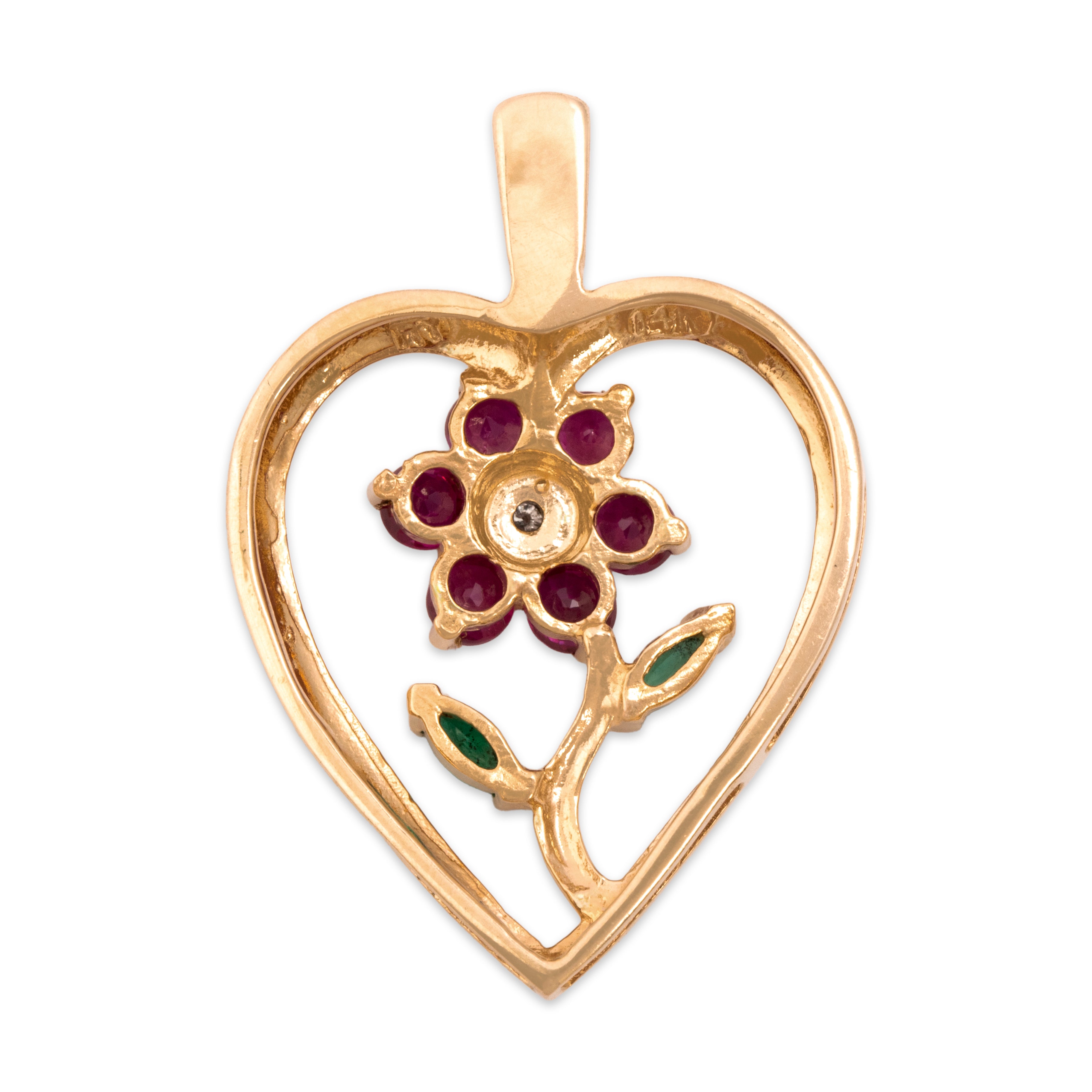 Vintage 14k Yellow Gold .5cttw Ruby Emerald Diamond Lovely Heart-Framed Flower Pendant - Back view