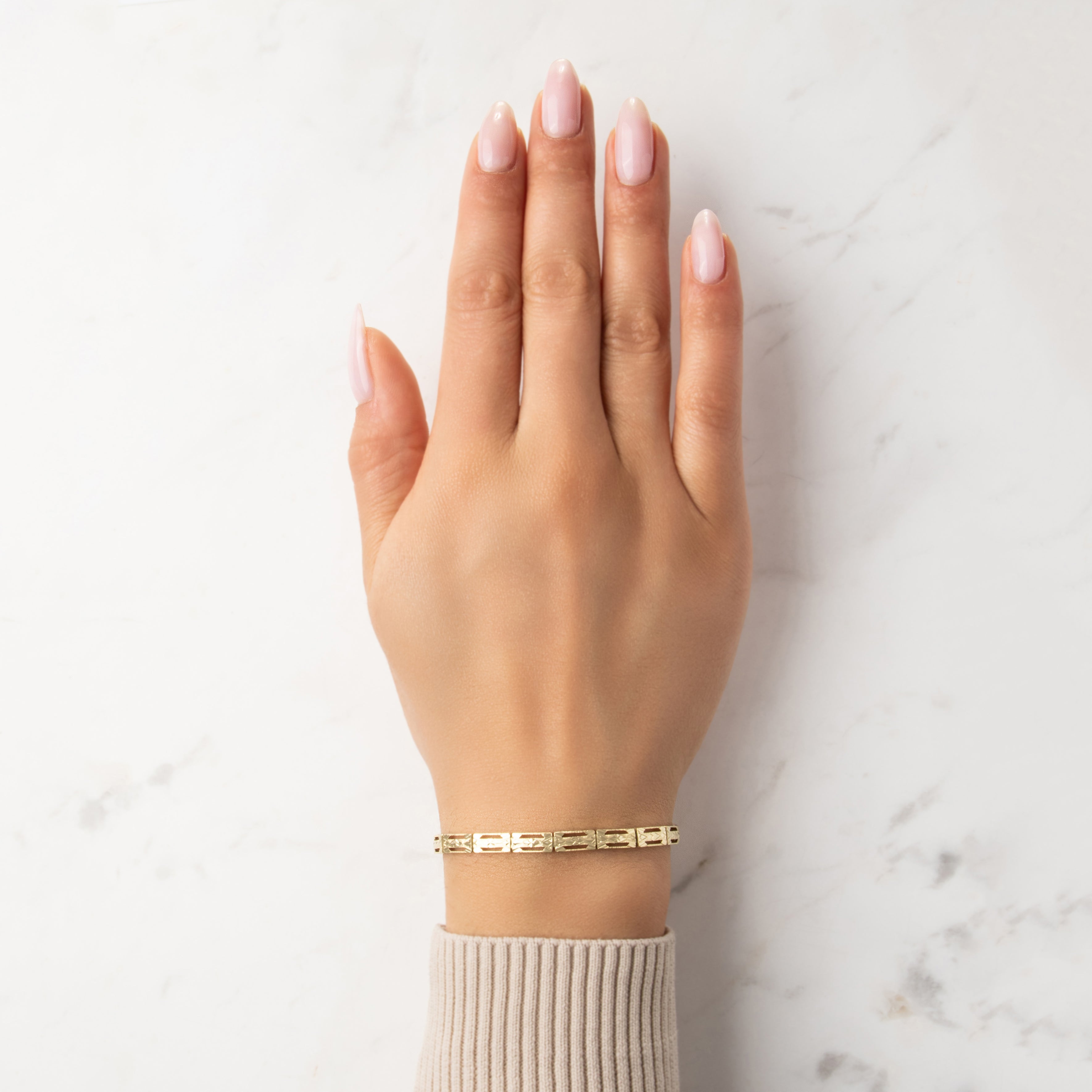 Antique 14k Yellow Gold Geometric Wheat Motif Link Bracelet - On model view