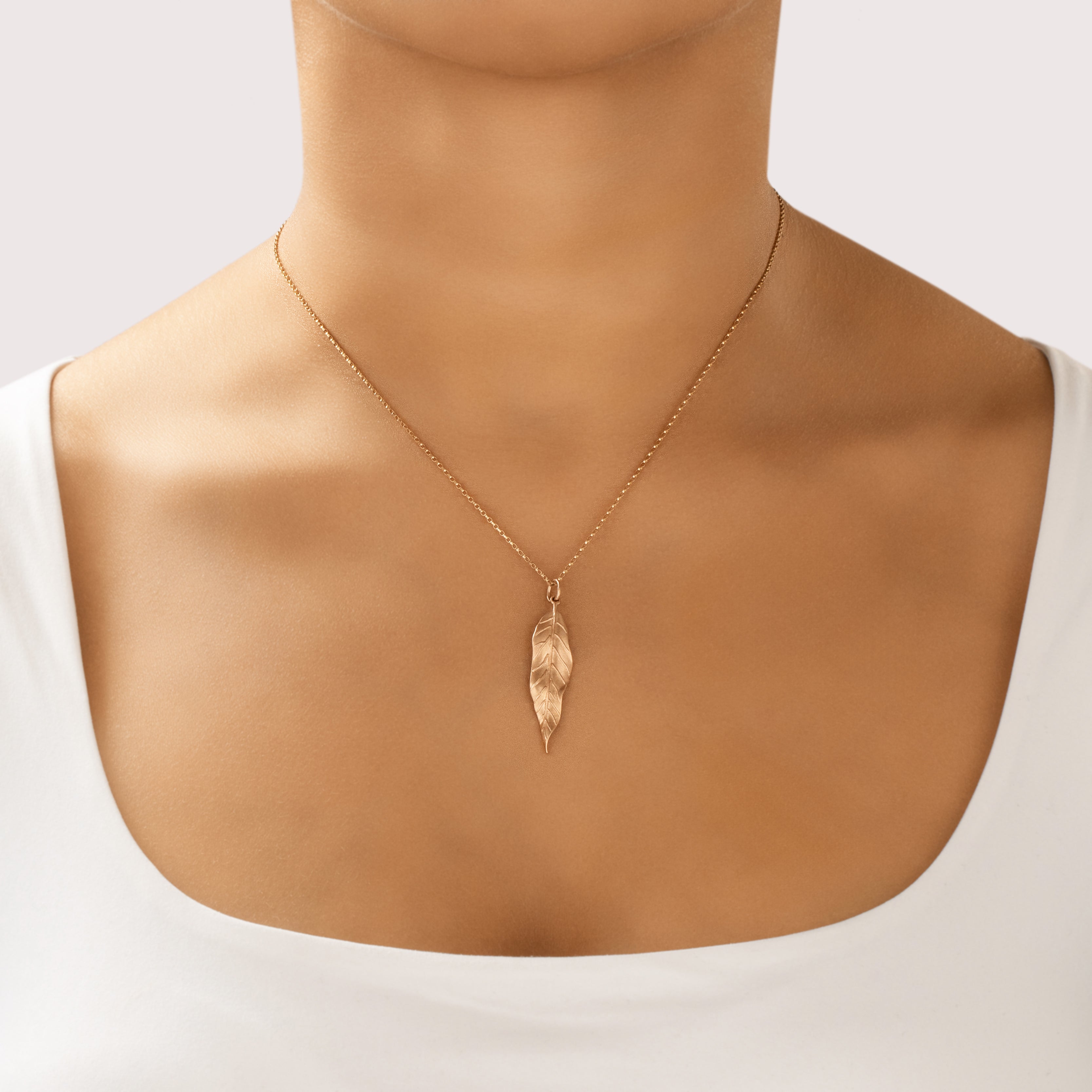 Estate 14k Rose Gold Wavy Matte Leaf Charm / Pendant - On model view