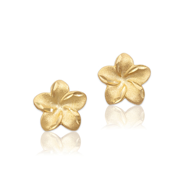 Vintage 14k Yellow Gold Textured Plumeria Flower Stud Earrings