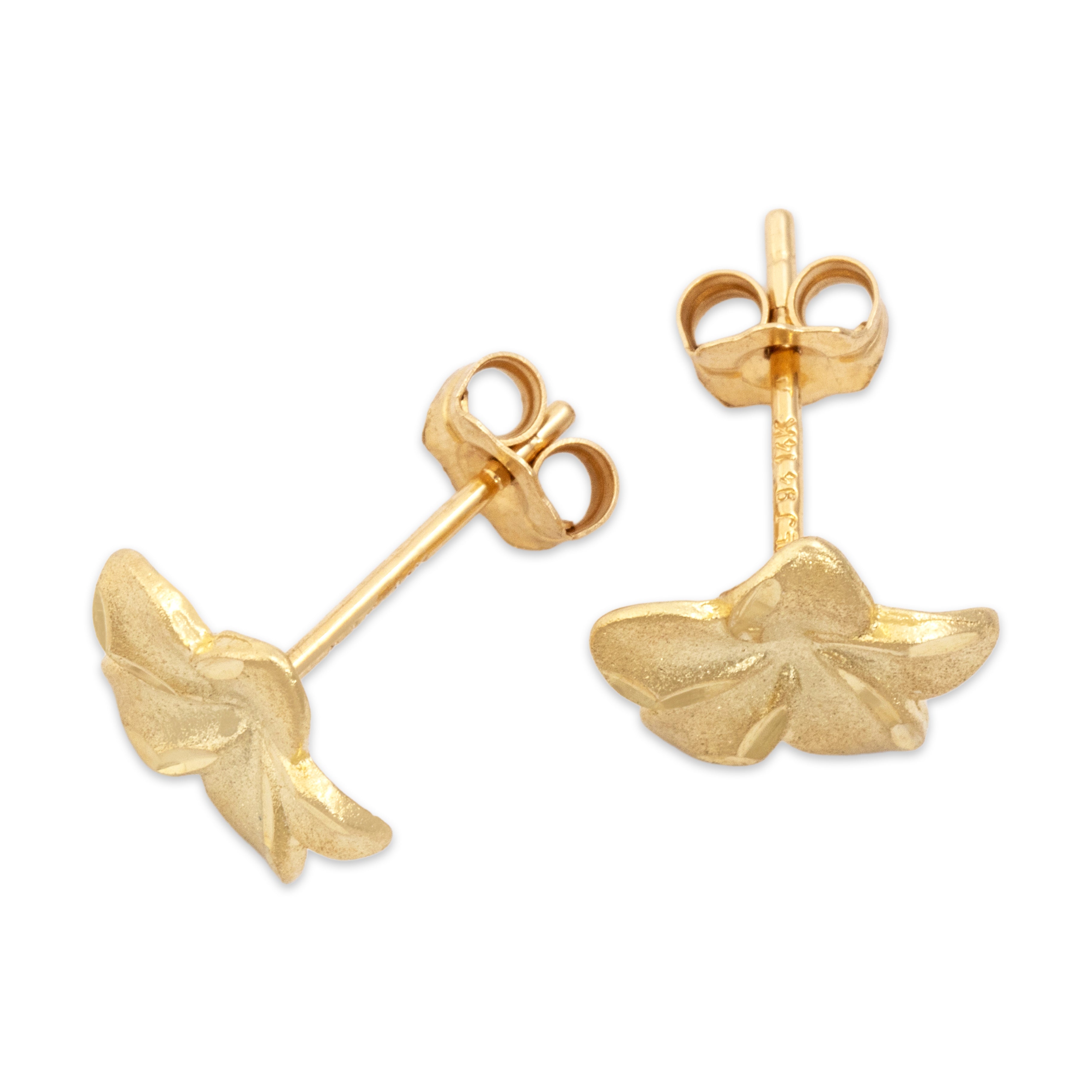 Vintage 14k Yellow Gold Textured Plumeria Flower Stud Earrings - Overall view