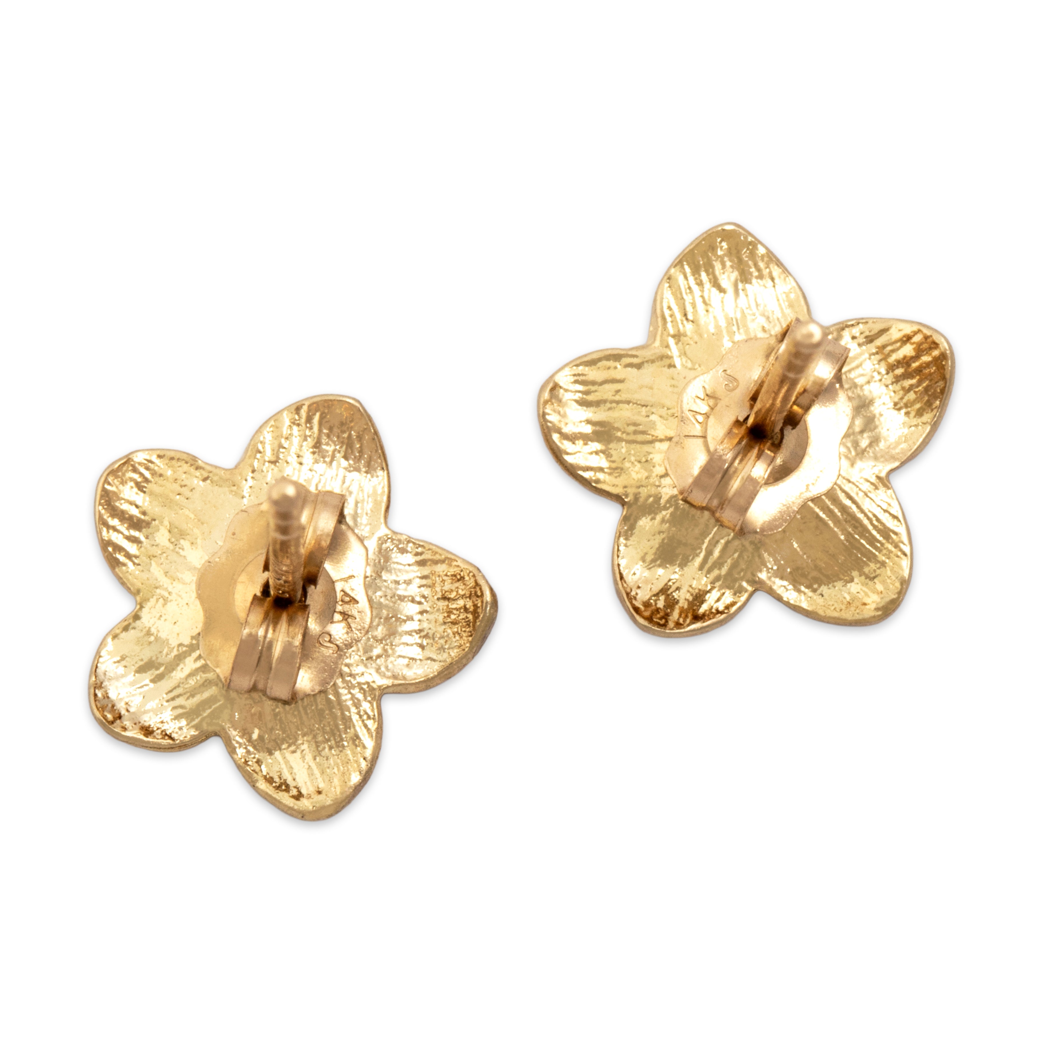 Vintage 14k Yellow Gold Textured Plumeria Flower Stud Earrings - Back view