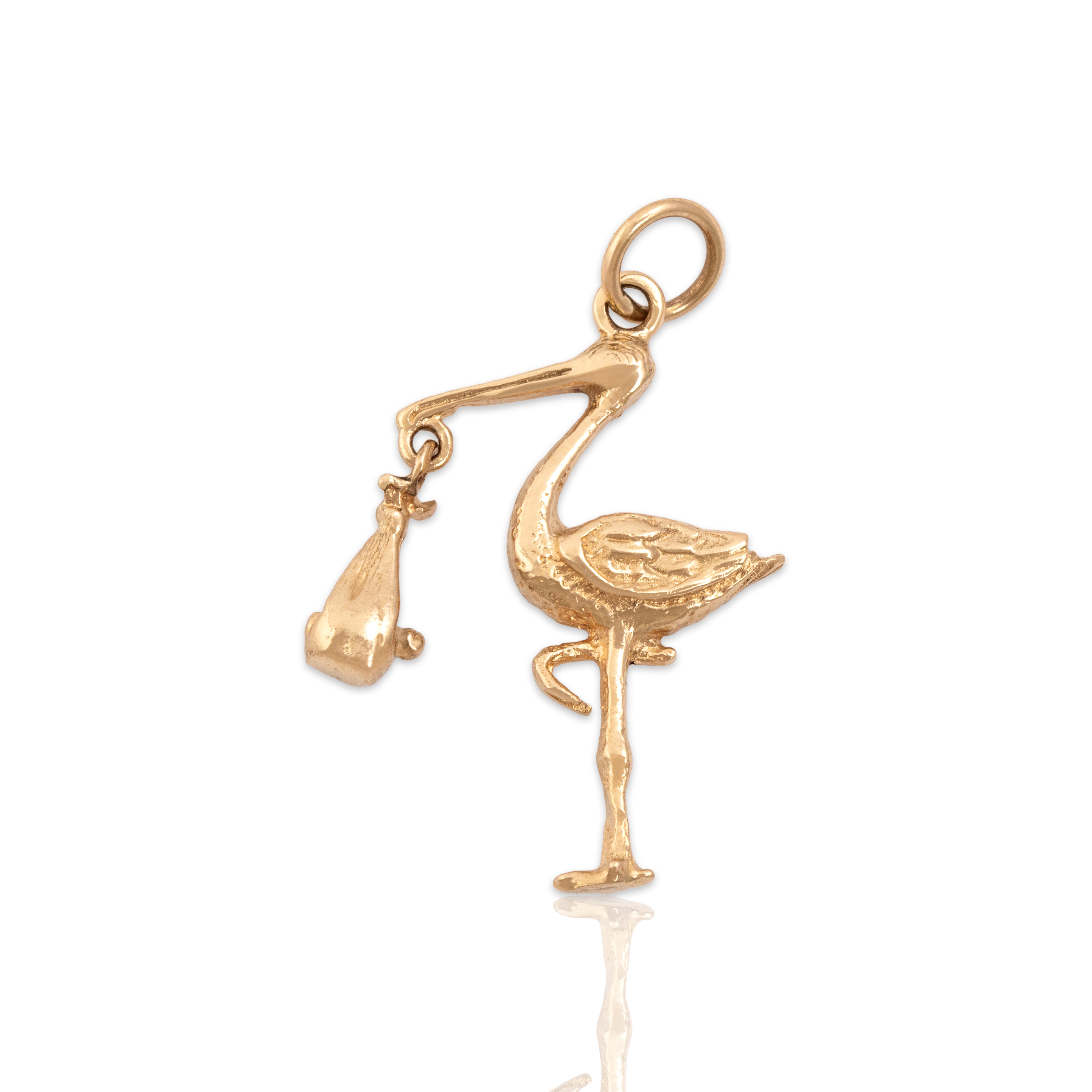 Vintage 14k Yellow Gold Articulated Stork Blue Enamel Baby Charm / Pendant - Close-up view