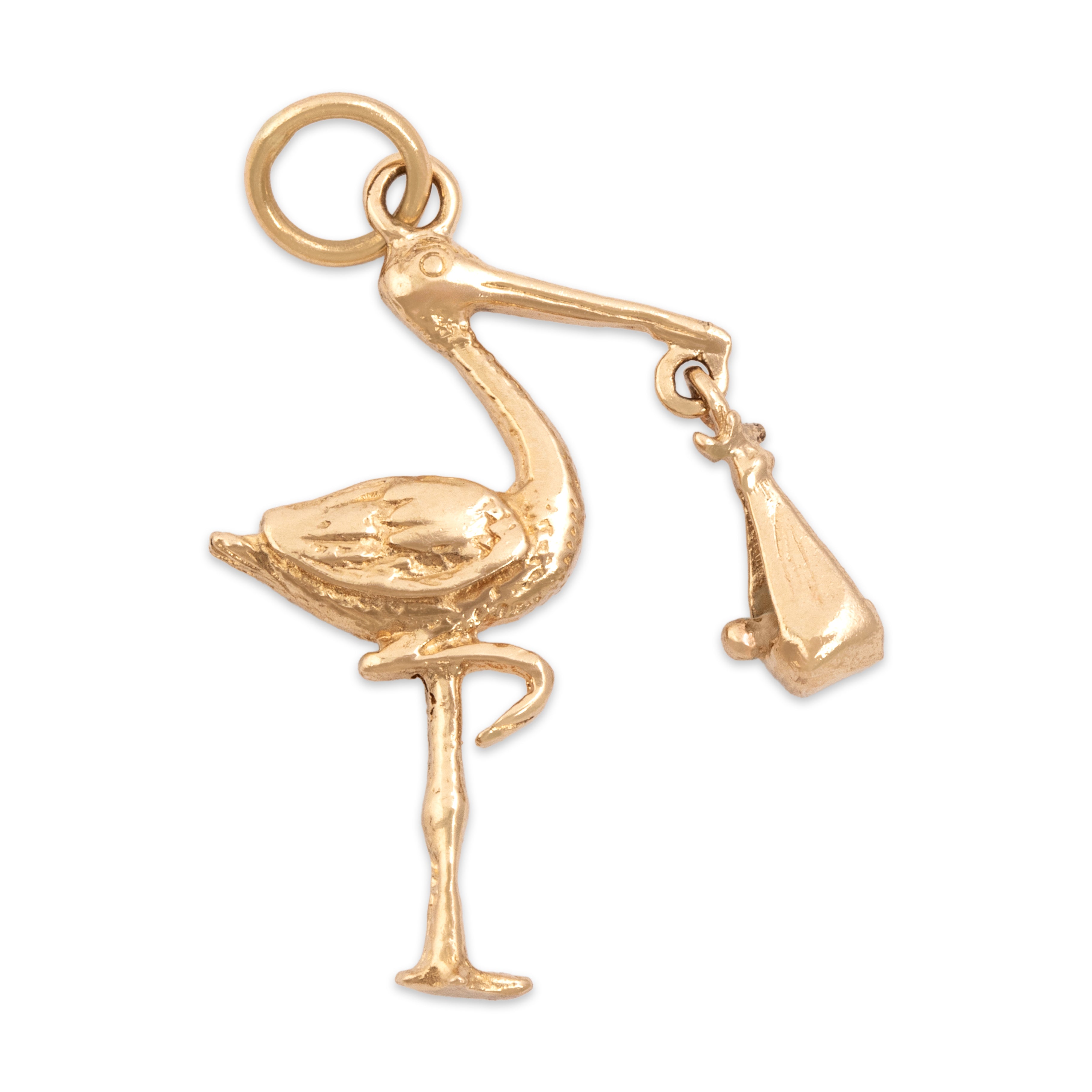 Vintage 14k Yellow Gold Articulated Stork Blue Enamel Baby Charm / Pendant - Overall view