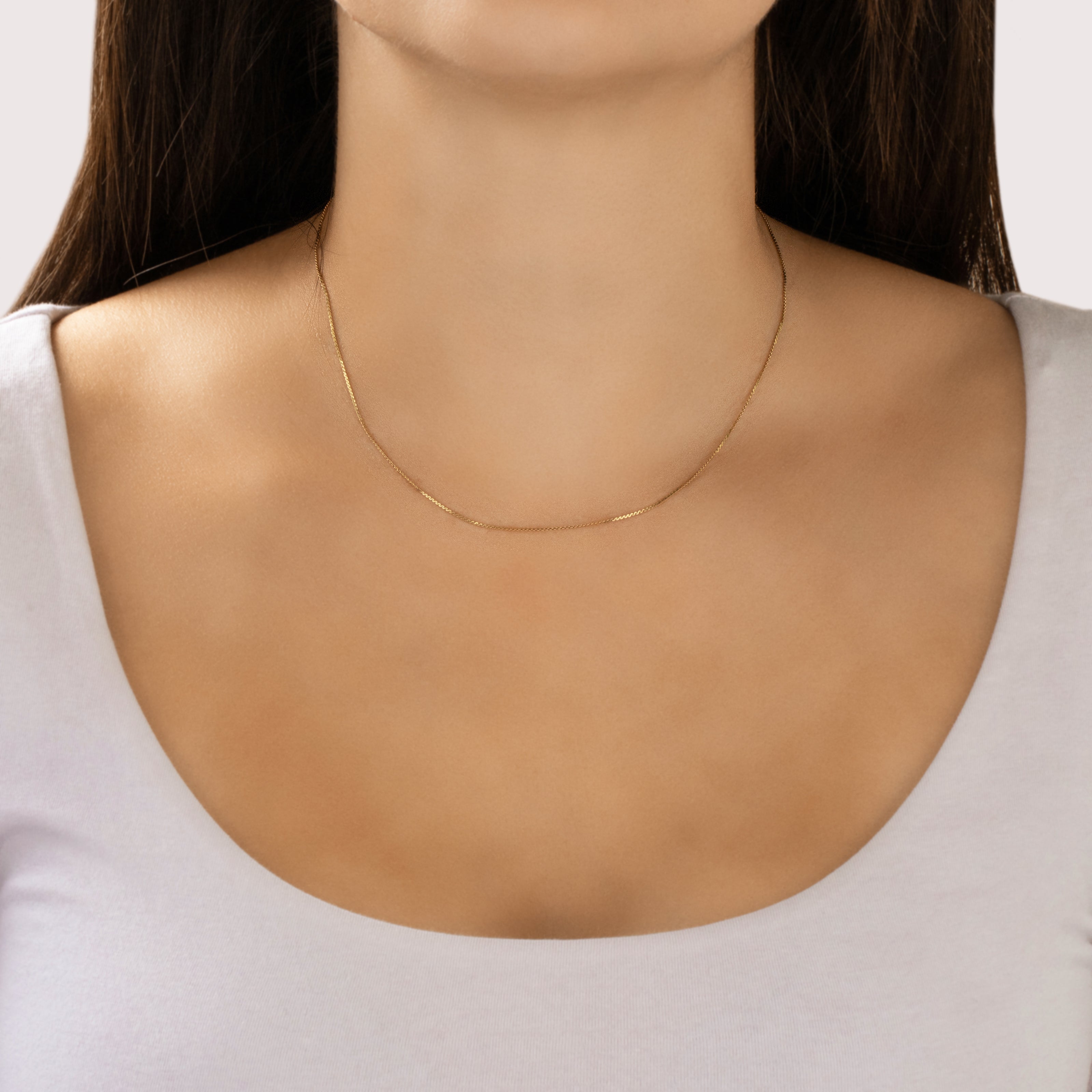 Vintage Italian 14k Yellow Gold Delicate Flat Serpentine Link .8mm Chain - On model view