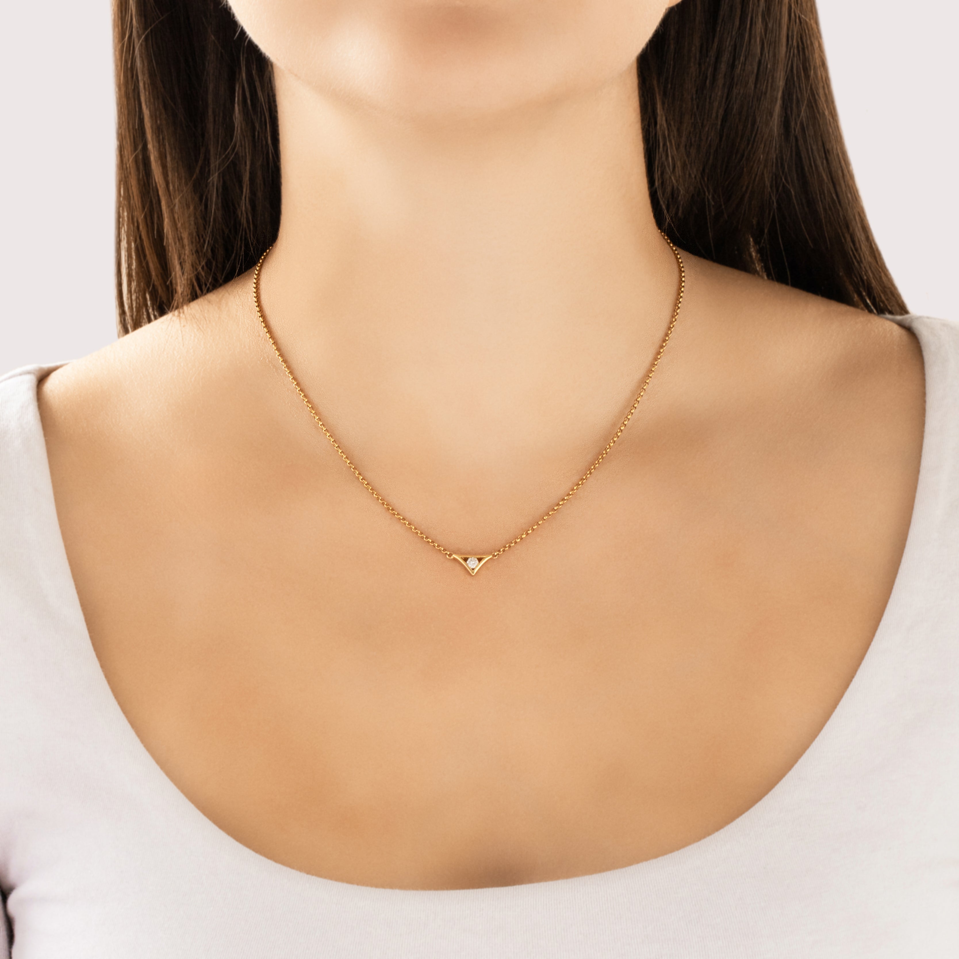Vintage Italian 18k Yellow Gold Diamond Sleek Rolo Triangle Solitaire Necklace - On model view