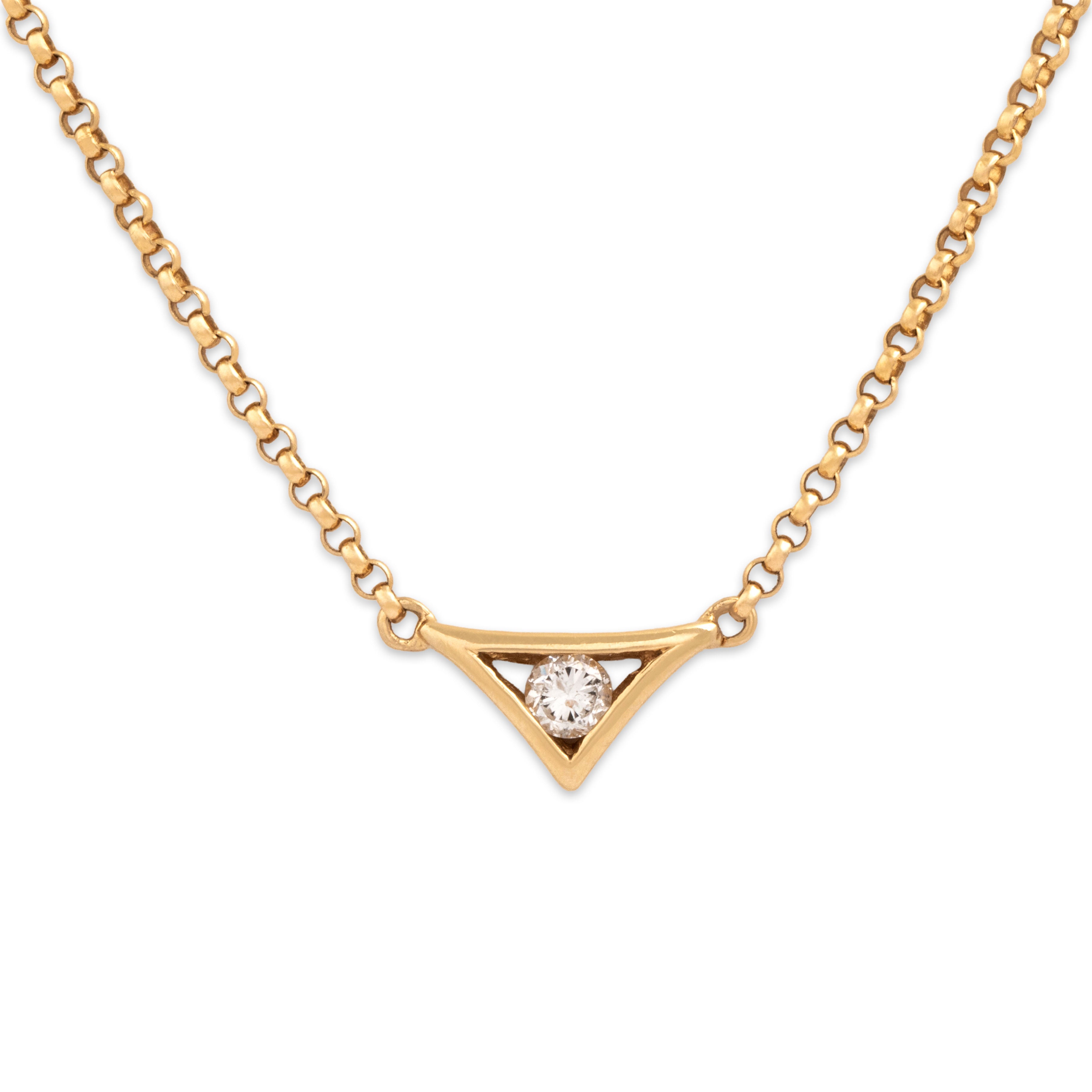 Vintage Italian 18k Yellow Gold .13ct Diamond Triangle Solitaire Necklace 16