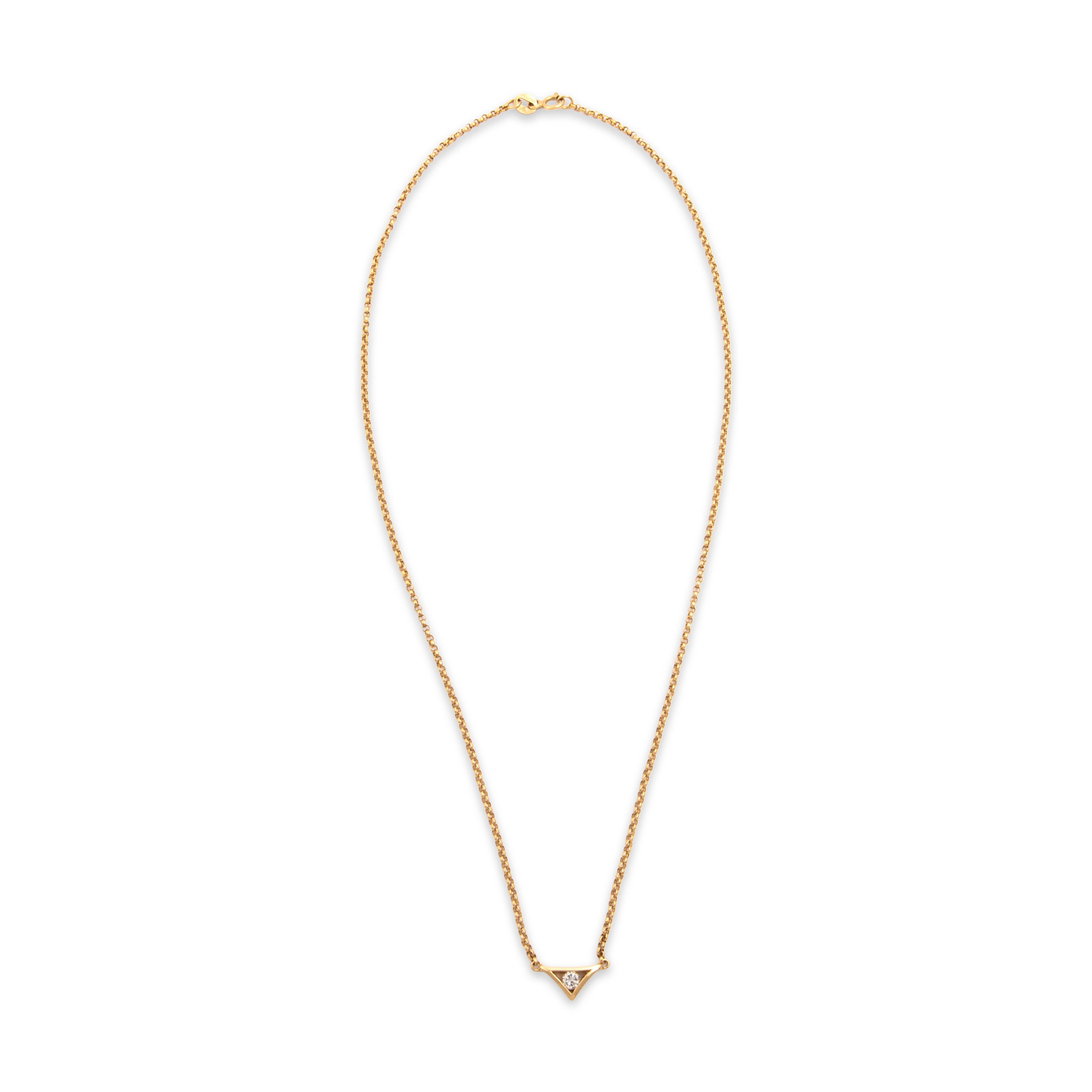Vintage Italian 18k Yellow Gold Diamond Sleek Rolo Triangle Solitaire Necklace - Overall view