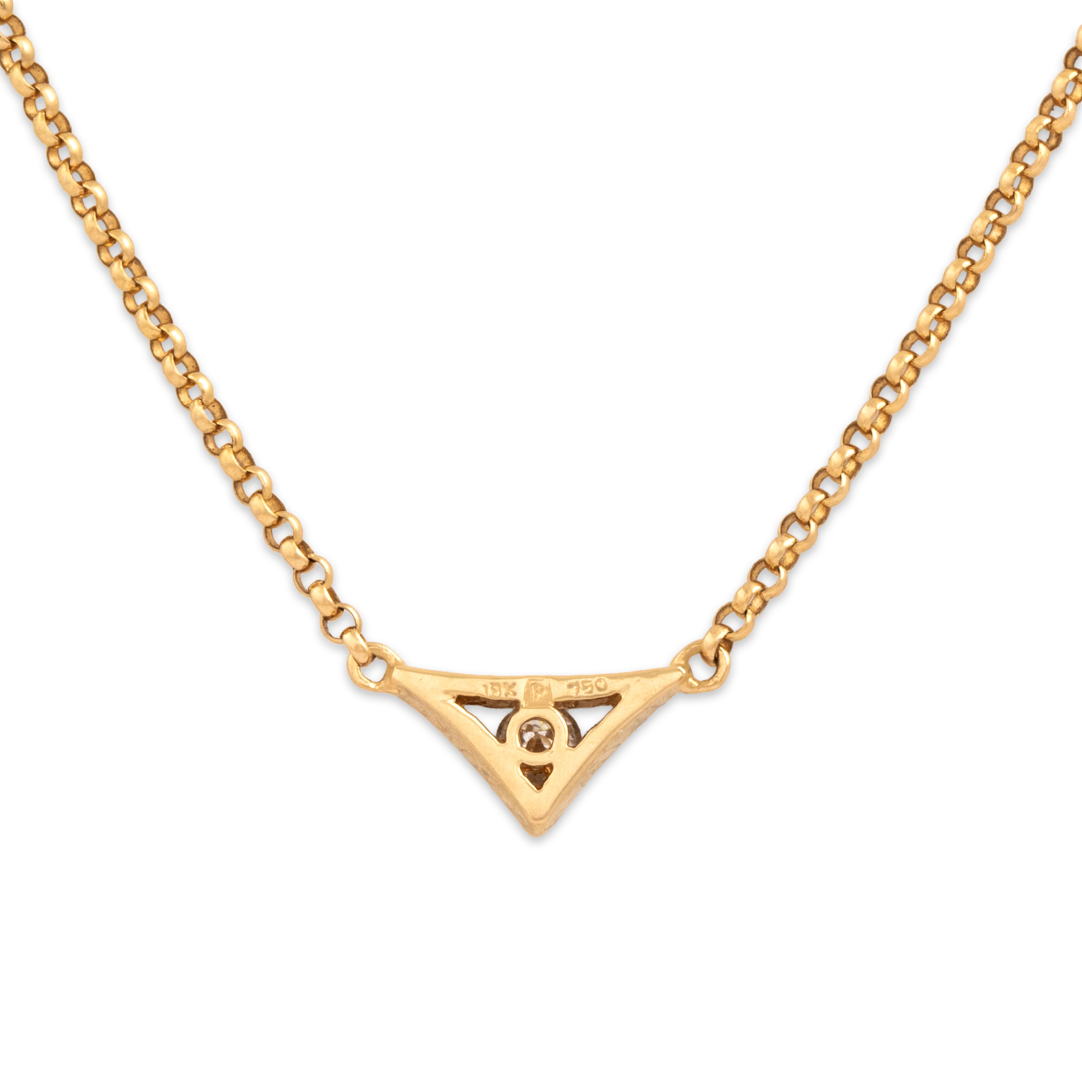 Vintage Italian 18k Yellow Gold Diamond Sleek Rolo Triangle Solitaire Necklace - Hallmark view