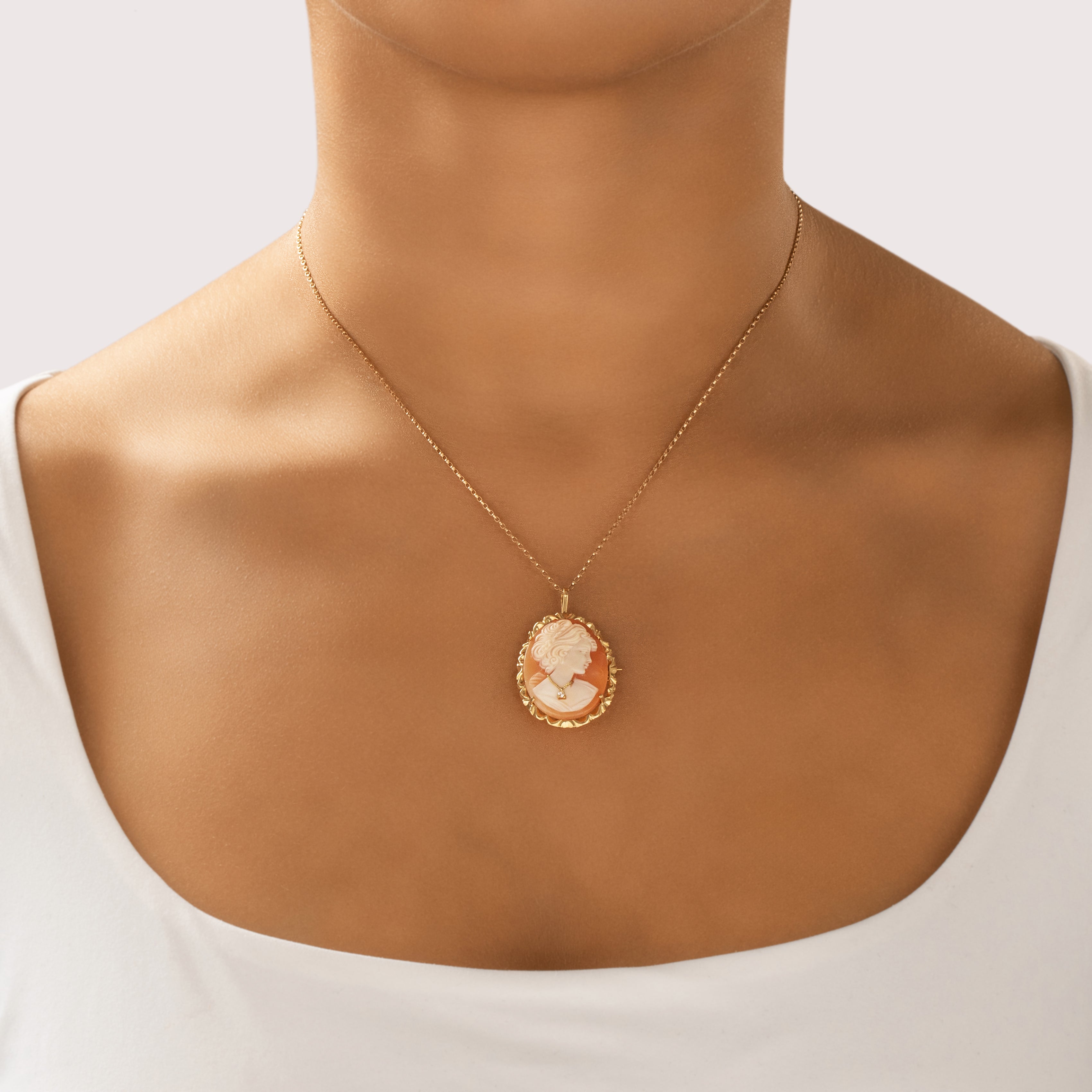 Vintage Large 18k Yellow Gold Shell Diamond Elegant Cameo Pin / Pendant - On model view