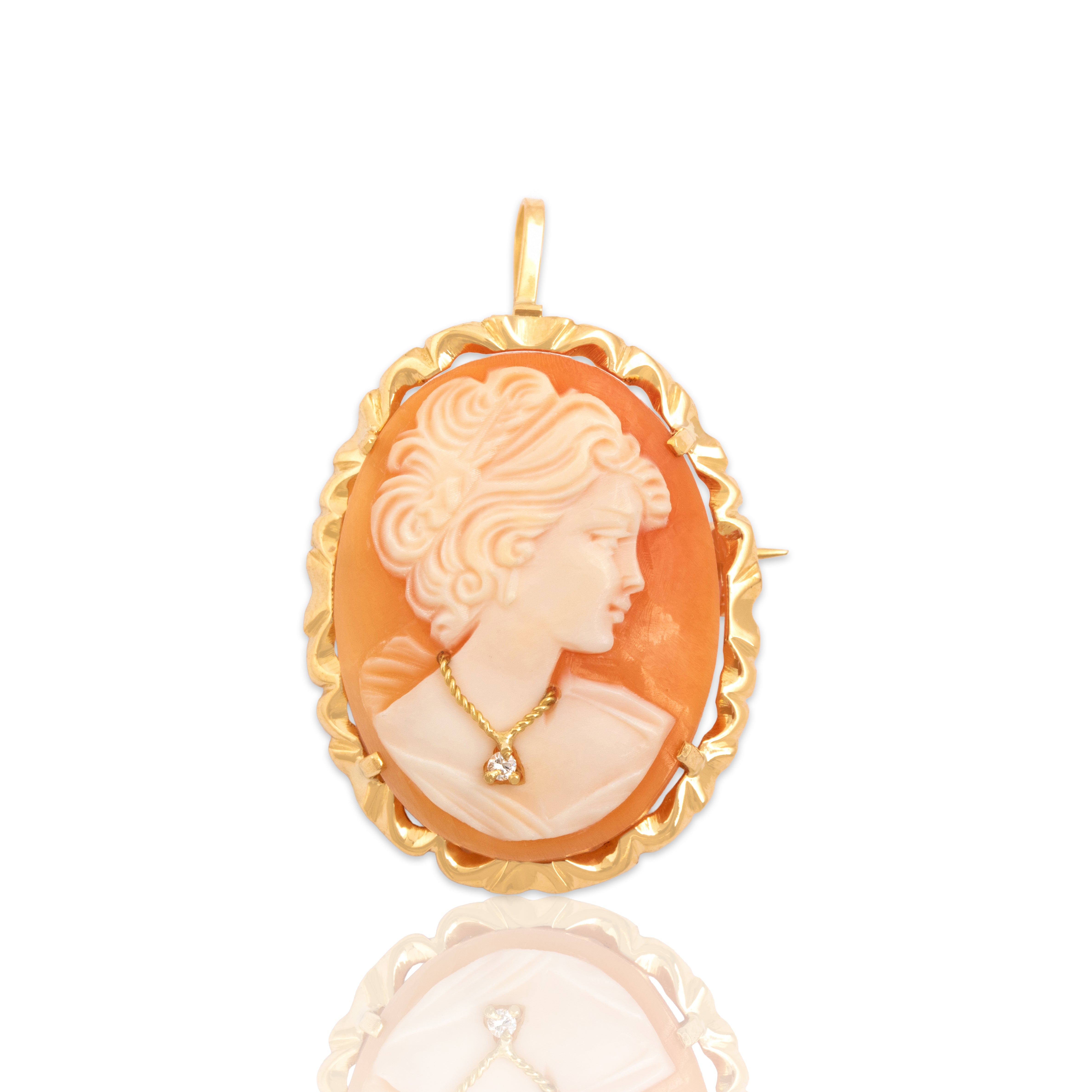 Vintage Large 18k Yellow Gold Shell Diamond Elegant Cameo Pin / Pendant - Close-up view