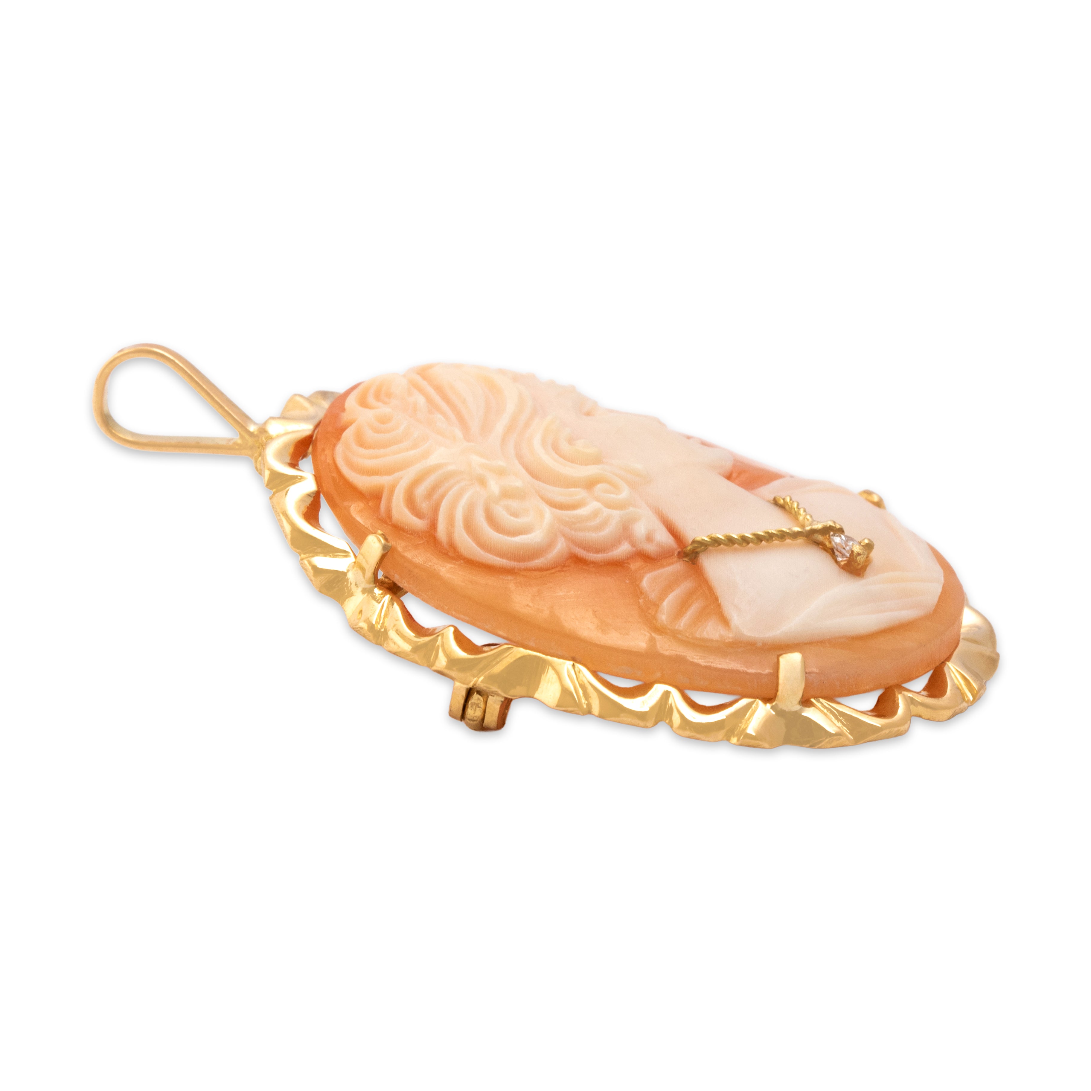 Vintage Large 18k Yellow Gold Shell Diamond Elegant Cameo Pin / Pendant - Side view
