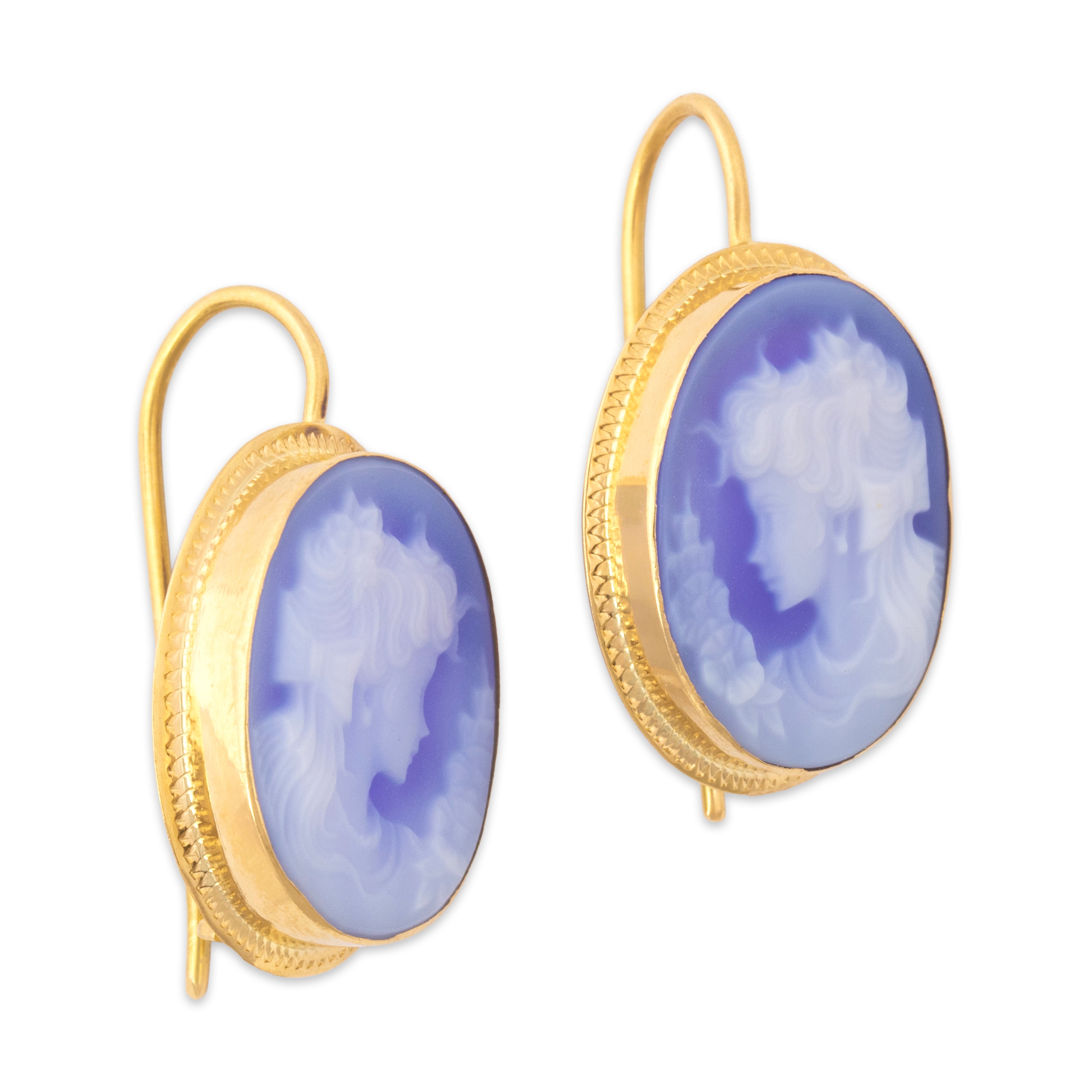Vintage Italian 18k Yellow Gold 7.81cttw Blue Chalcedony Dreamy Cameo Dangle Earrings - Side view