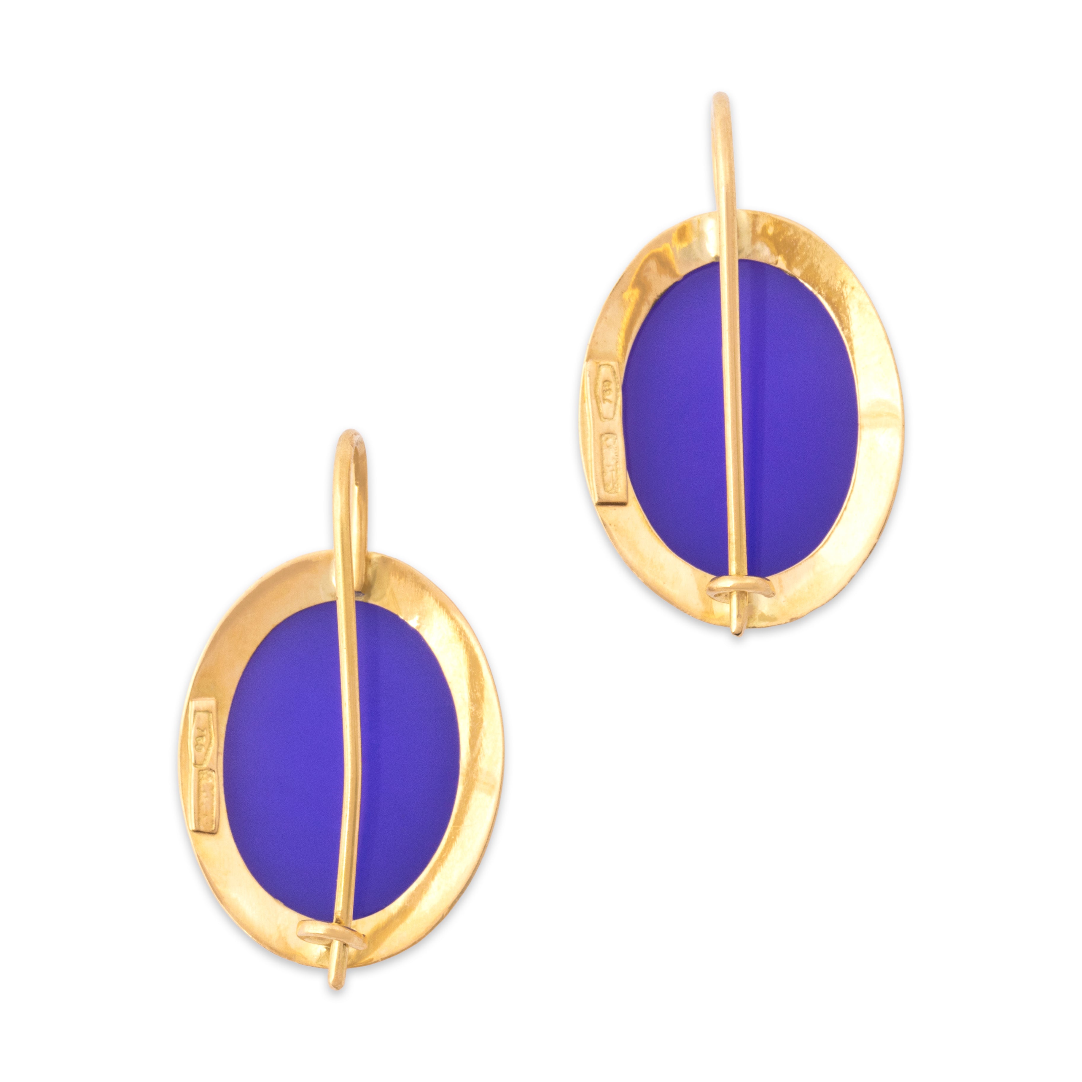 Vintage Italian 18k Yellow Gold 7.81cttw Blue Chalcedony Dreamy Cameo Dangle Earrings - Back view
