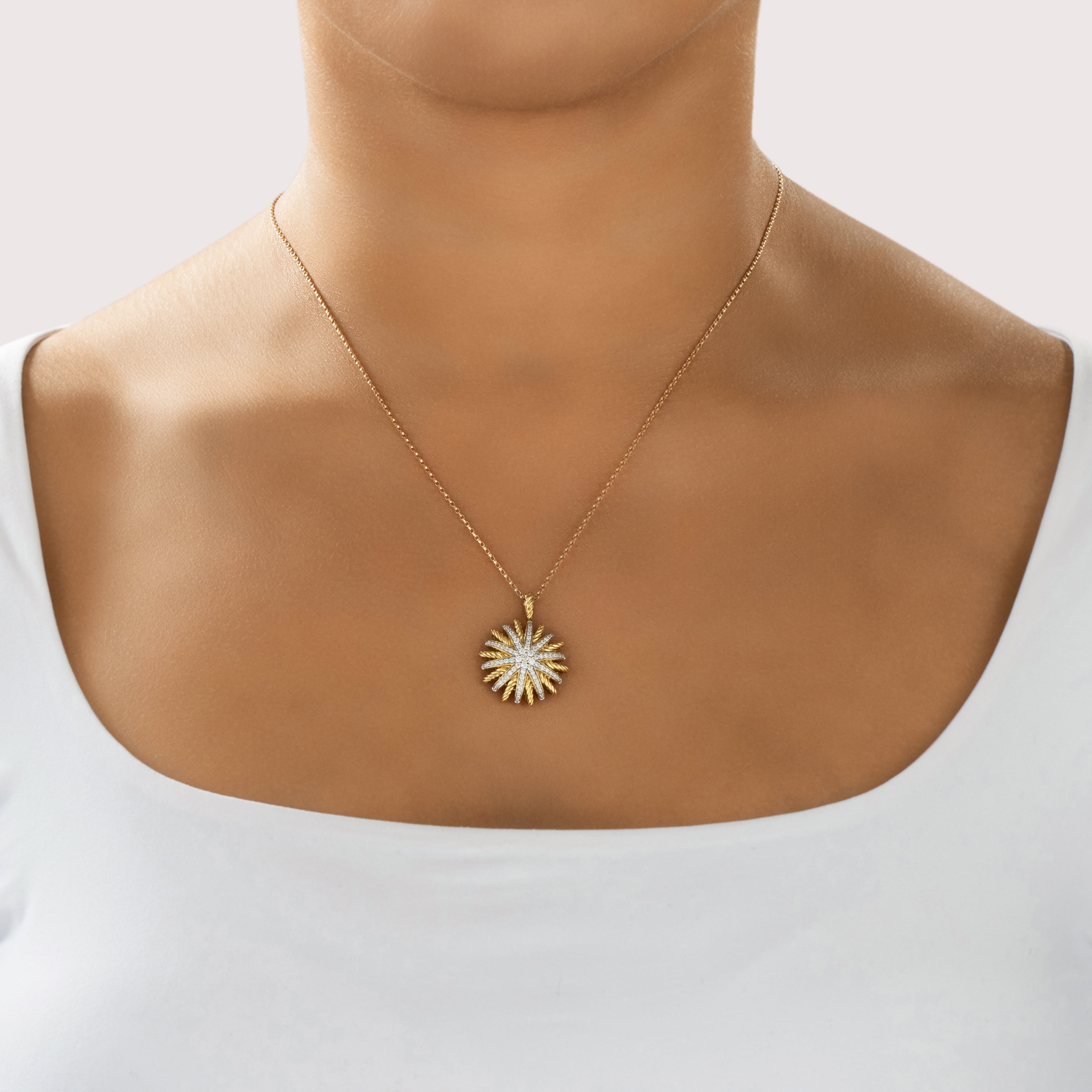 Vintage David Yurman Heavy 18k Yellow Gold Diamond Glittering Sun Motif Pendant - On model view