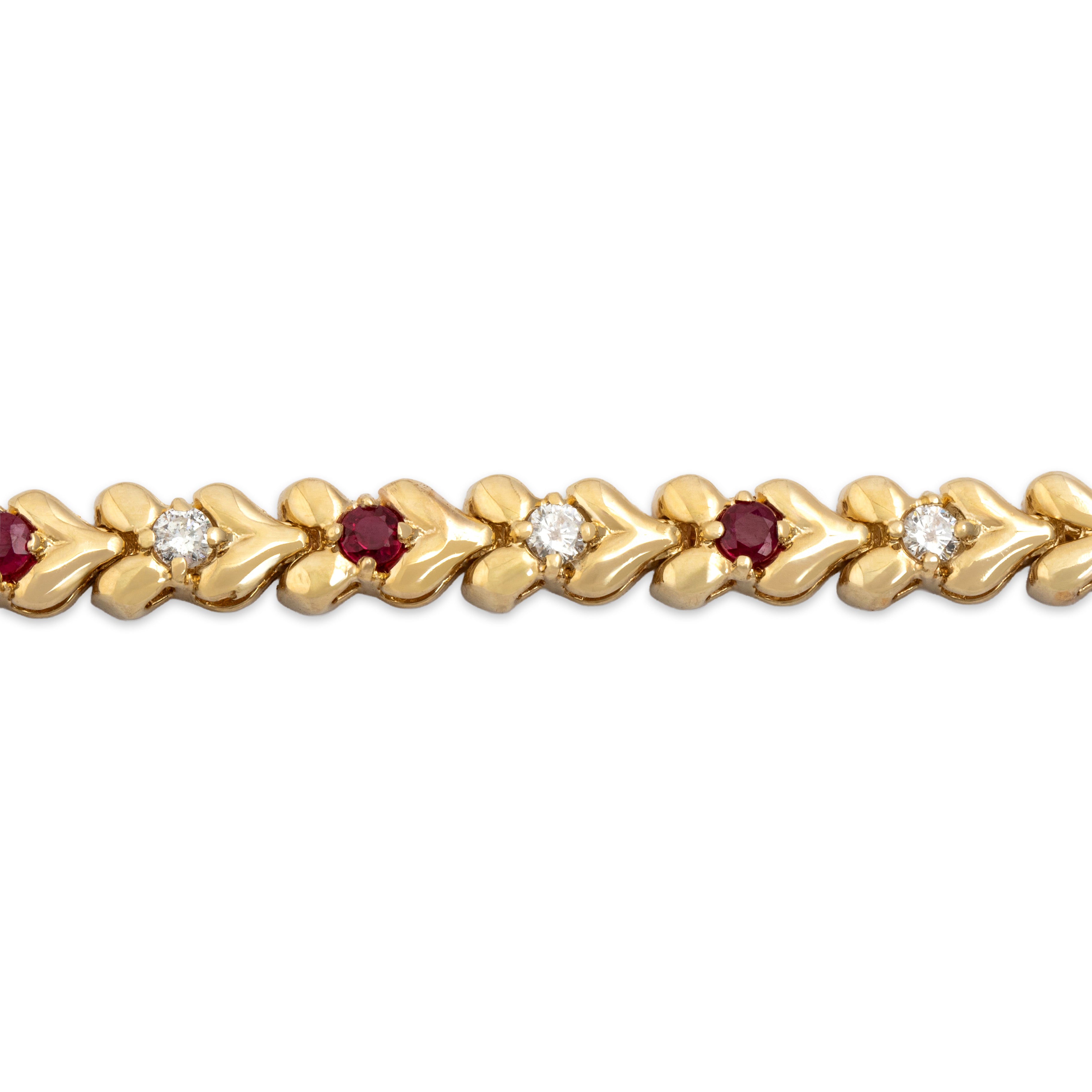 Vintage 14k Yellow Gold Ruby Diamond Chic Sparkling Heart-Link Bracelet - Close-up view