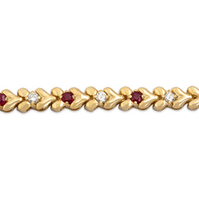 Vintage 14k Yellow Gold Ruby Diamond Chic Sparkling Heart Link Bracelet 6.5"