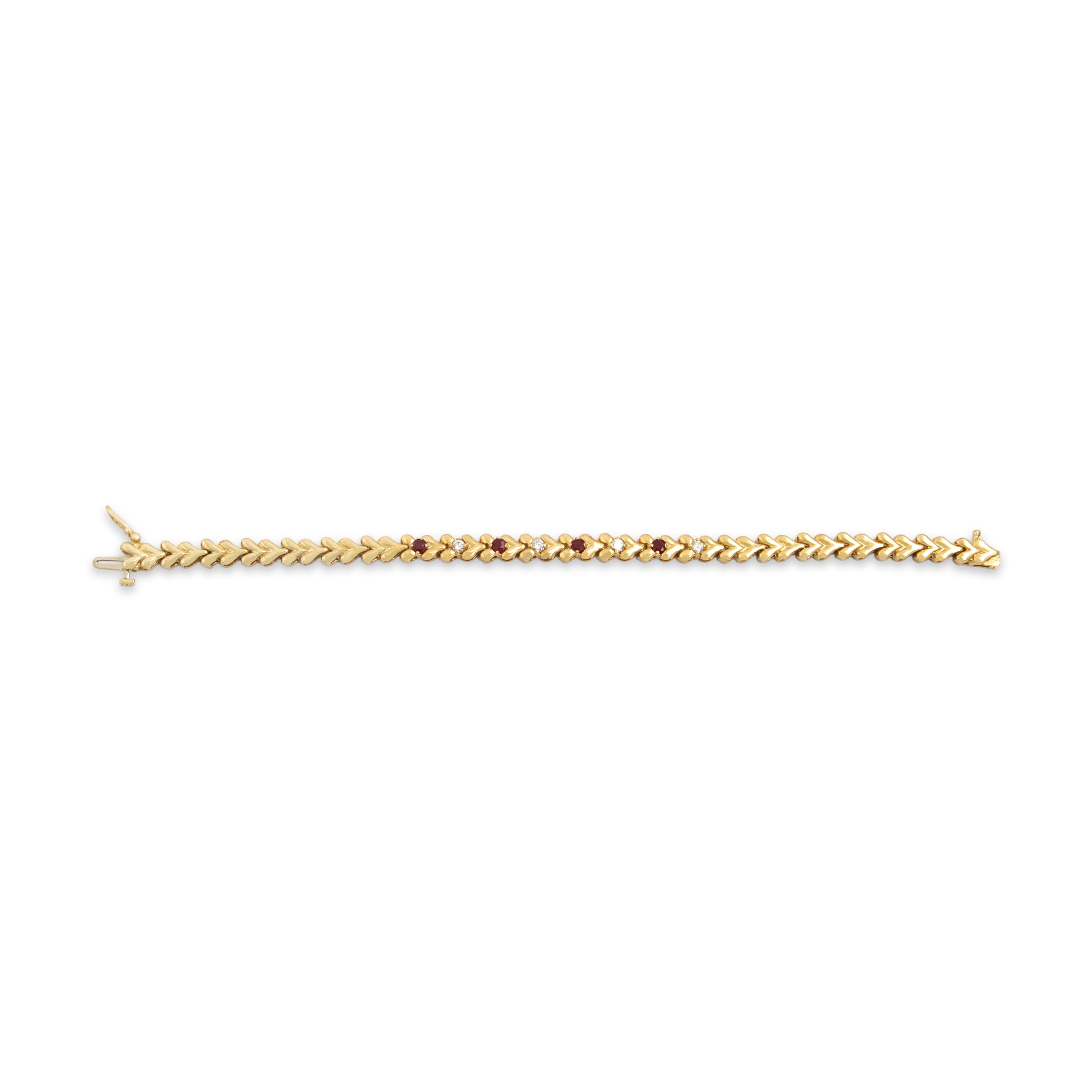 Vintage 14k Yellow Gold Ruby Diamond Chic Sparkling Heart-Link Bracelet - Overall view