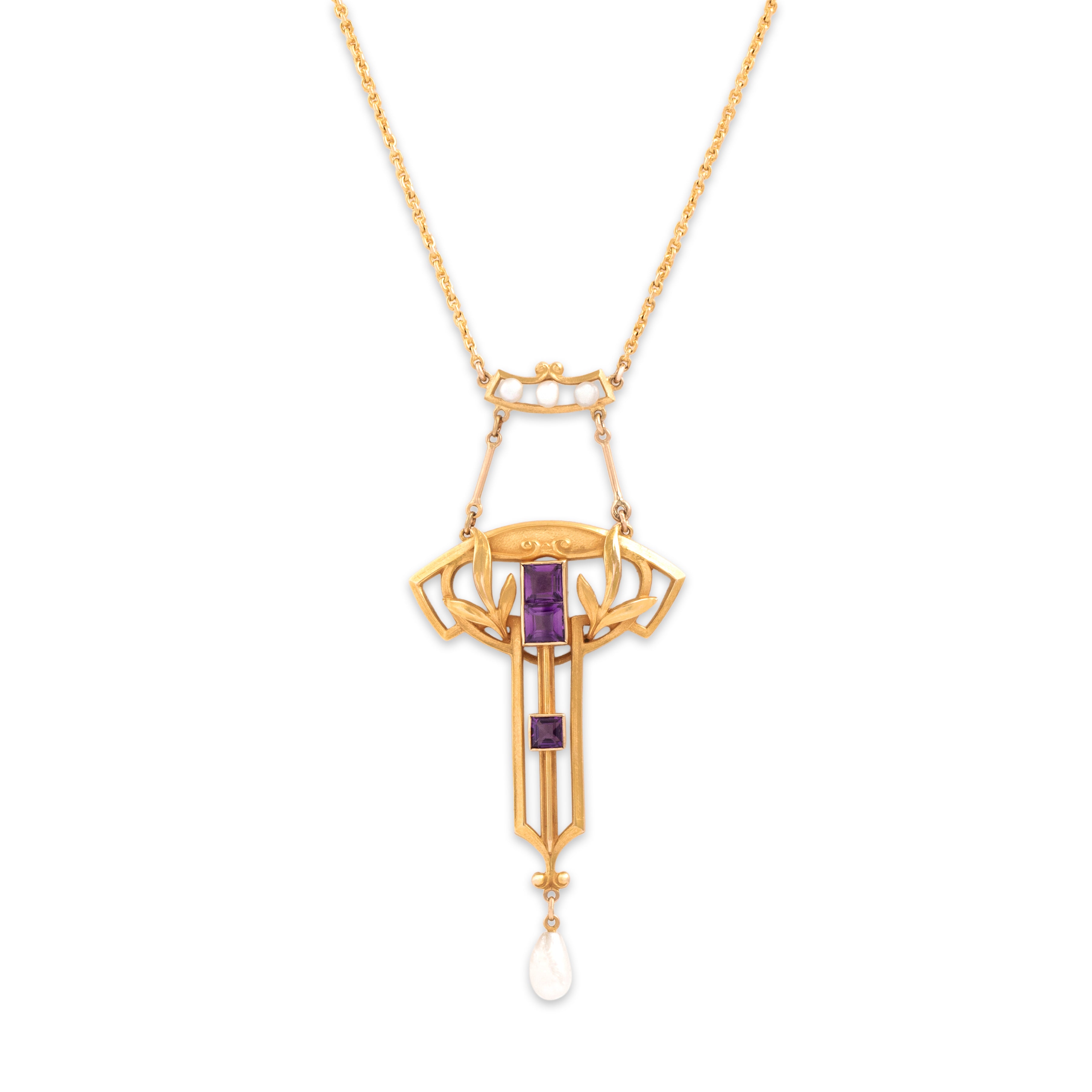 Antique 14k Yellow Gold .67cttw Amethyst Seed Pearl Ornate Dangle Necklace - detail view #1