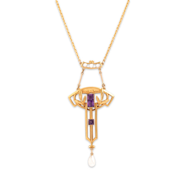 Antique Art Nouveau 14k Yellow Gold .67cttw Amethyst Seed Pearl Necklace 15.75