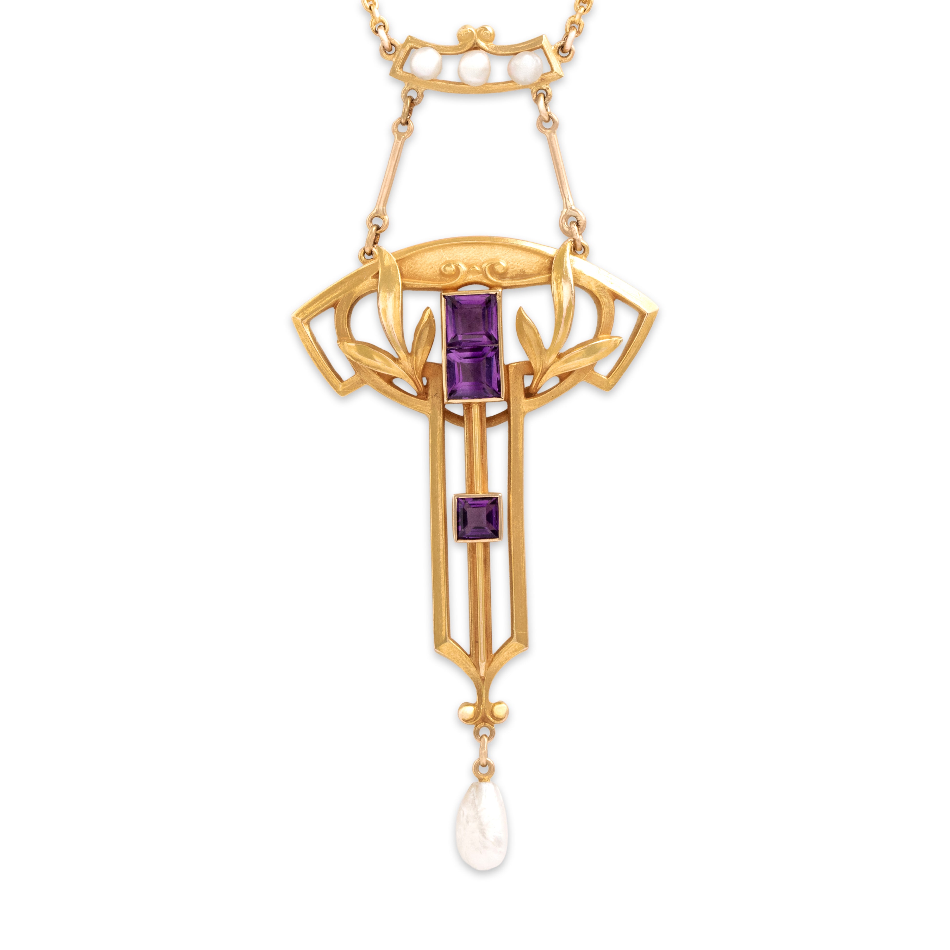 Antique 14k Yellow Gold .67cttw Amethyst Seed Pearl Ornate Dangle Necklace - detail view #2