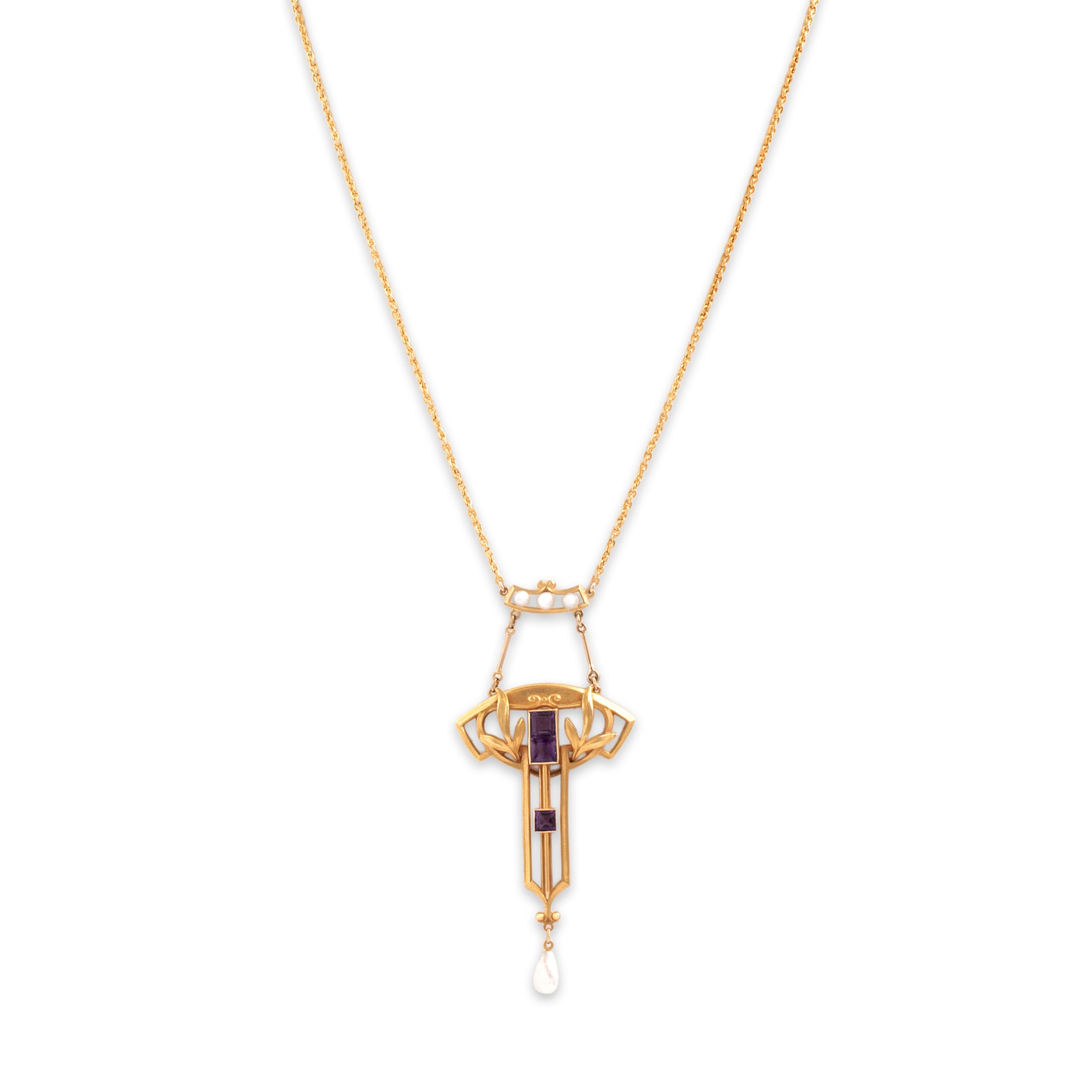 Antique 14k Yellow Gold .67cttw Amethyst Seed Pearl Ornate Dangle Necklace - Close-up view