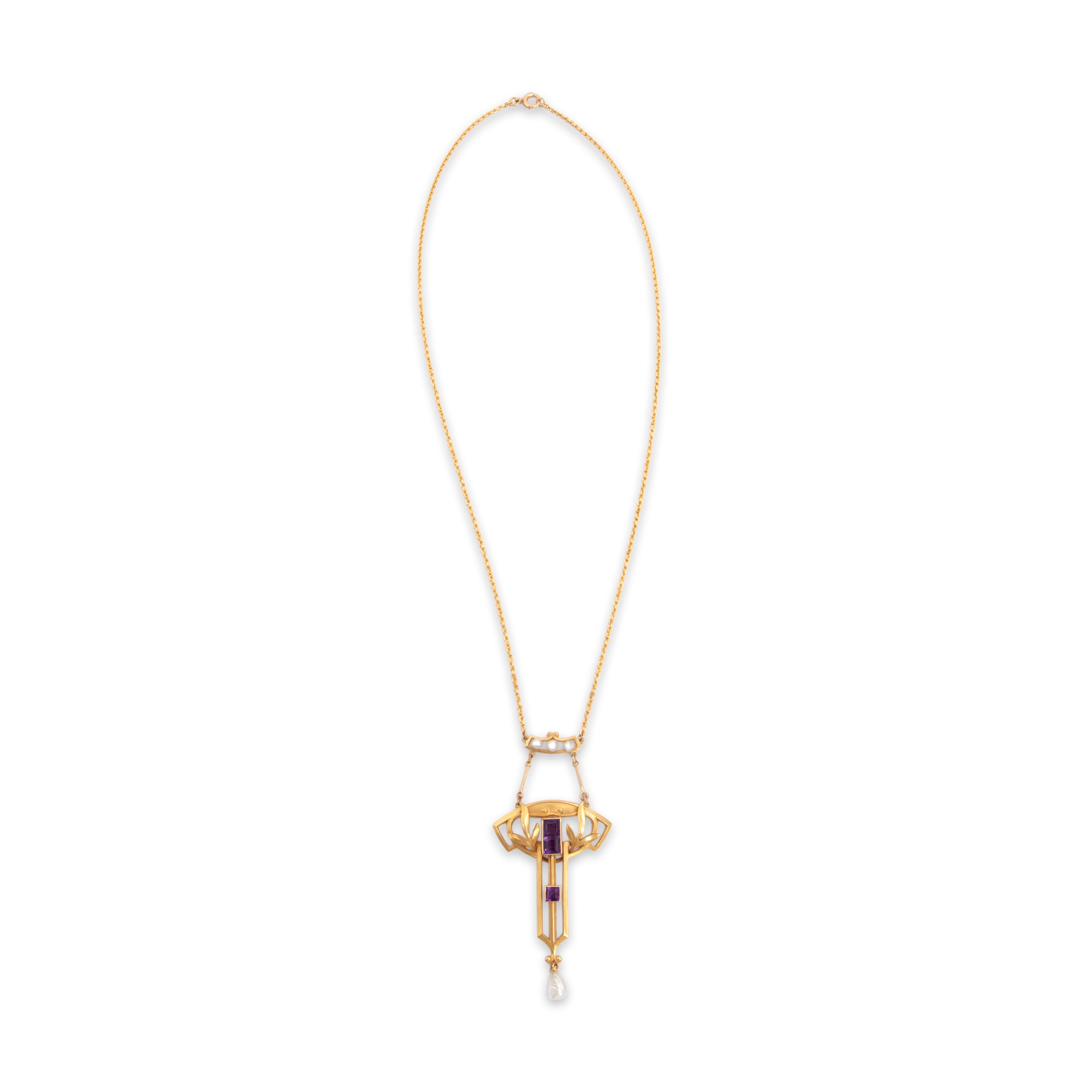 Antique 14k Yellow Gold .67cttw Amethyst Seed Pearl Ornate Dangle Necklace - Overall view