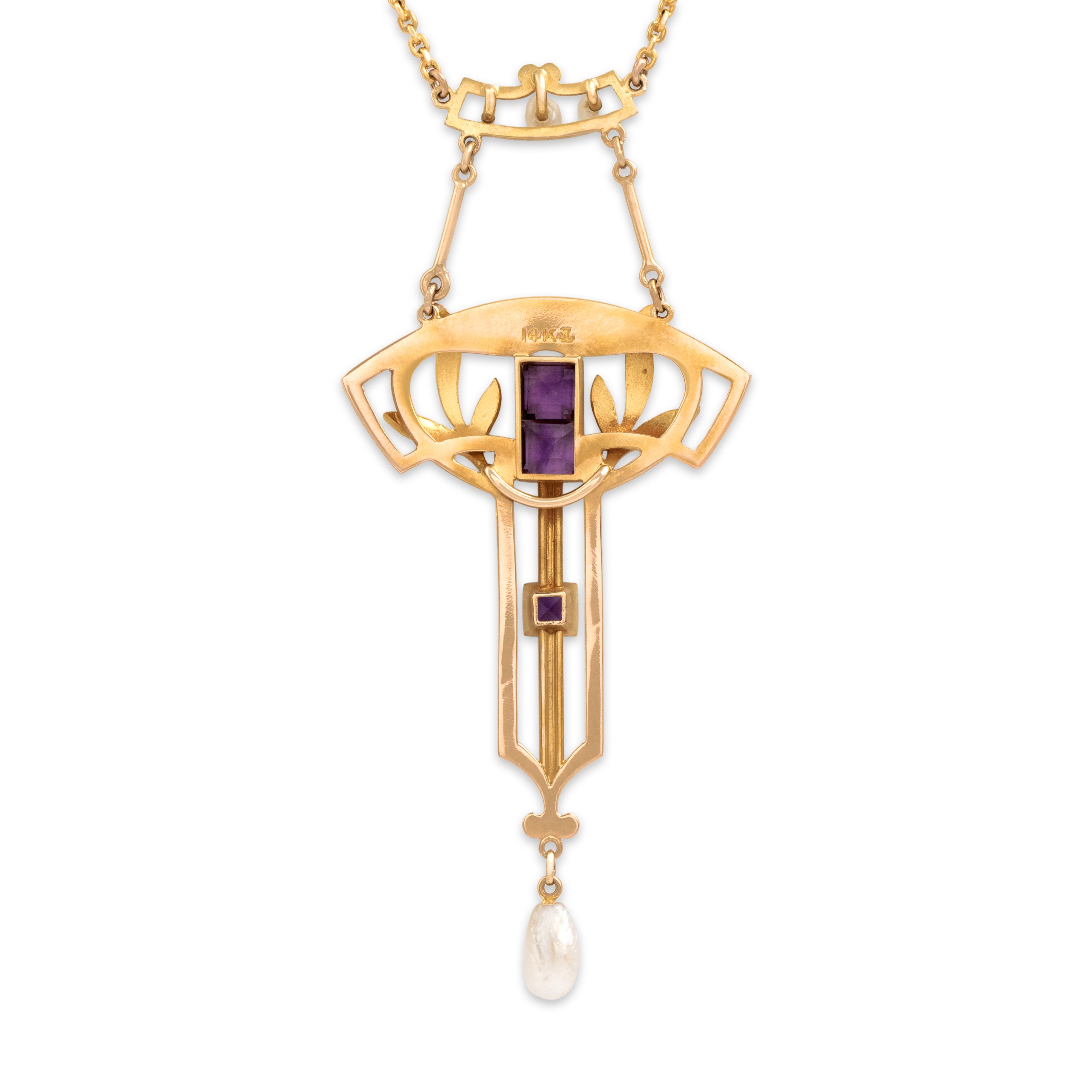 Antique 14k Yellow Gold .67cttw Amethyst Seed Pearl Ornate Dangle Necklace - Back view