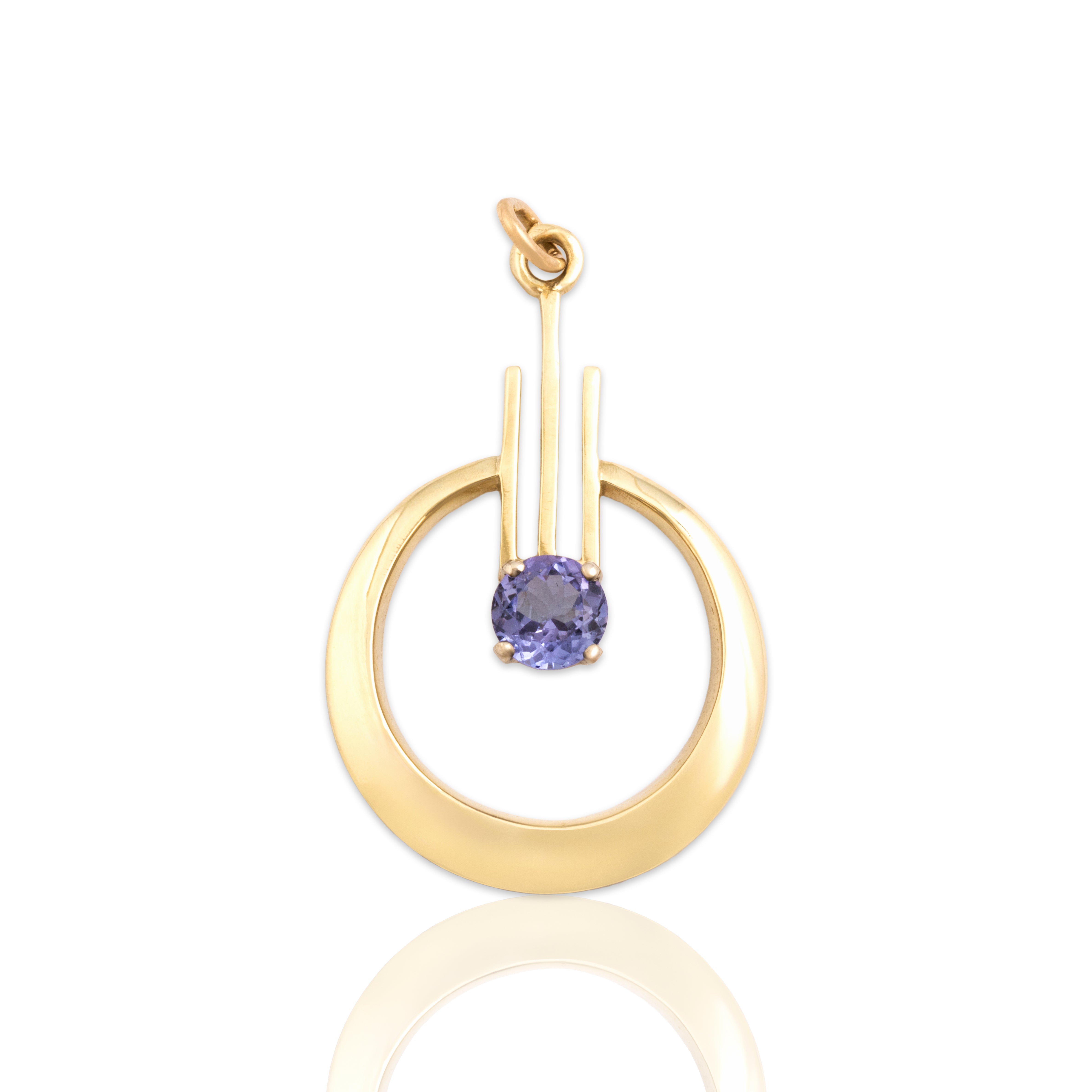 Vintage 14k Yellow Gold .74ct Tanzanite Geometric Abstract Halo Pendant - Close-up view