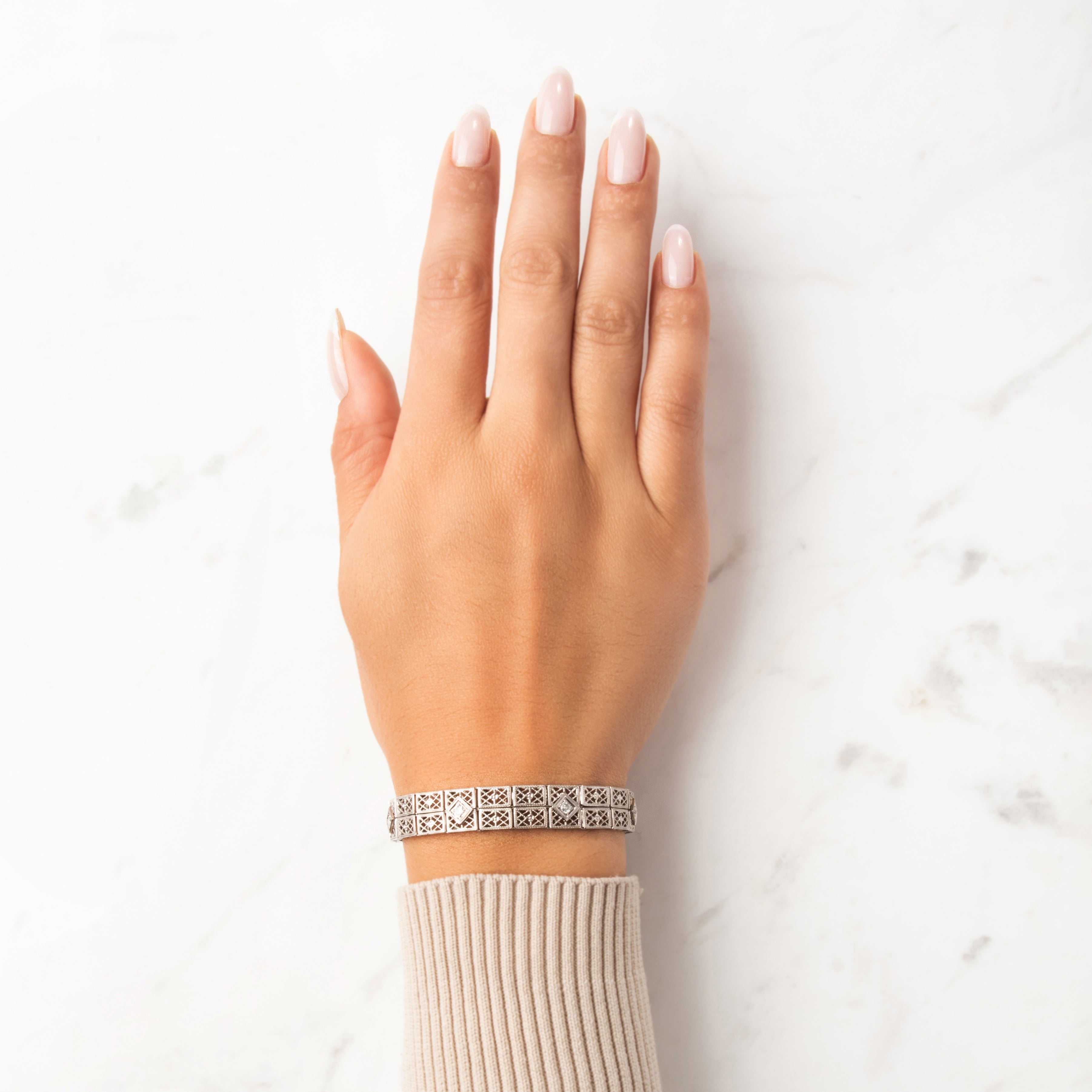 Antique 14k White Gold Old European Cut Diamond Stunning Double Row Openwork Bracelet - On model view