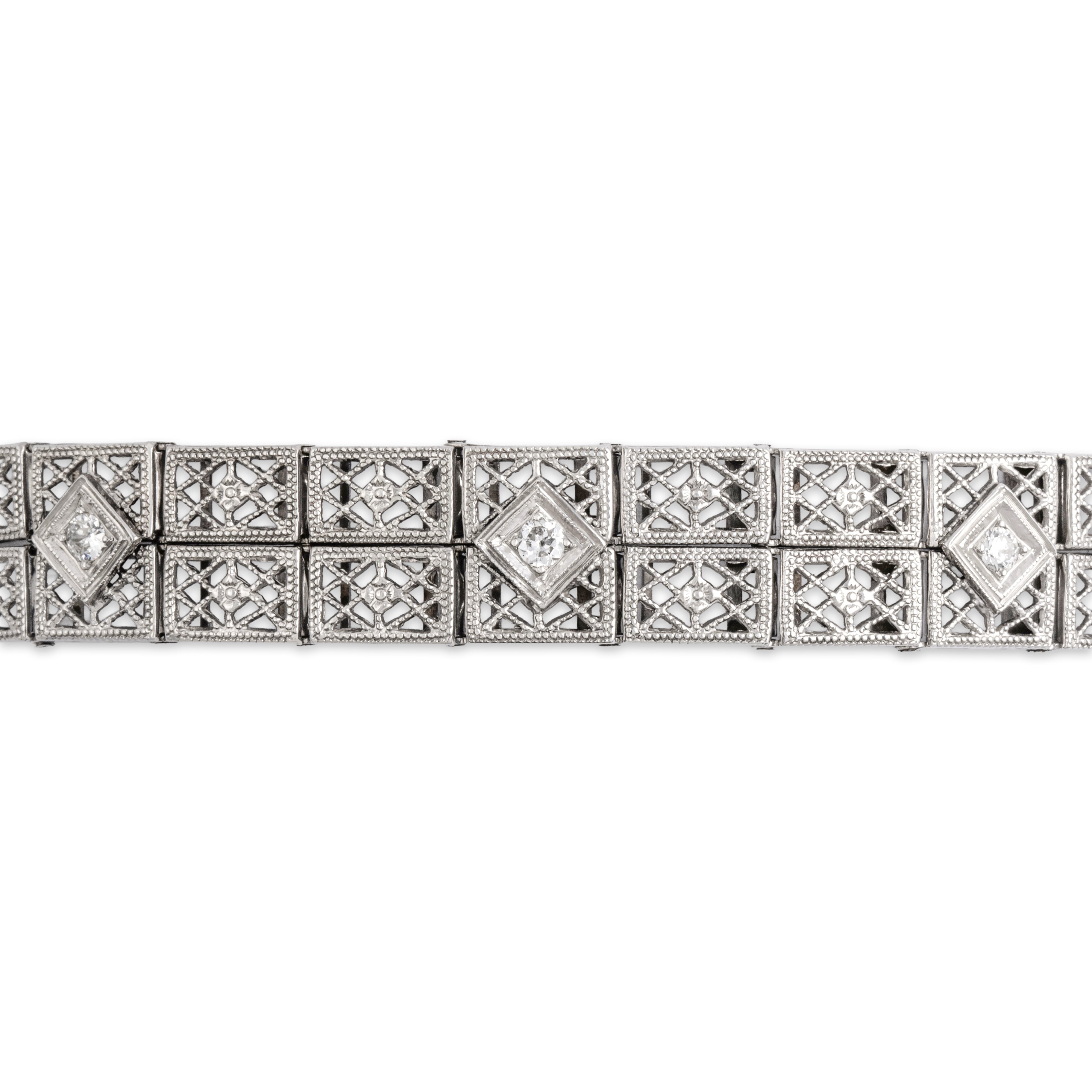 Antique 14k White Gold Old European Cut Diamond Stunning Double Row Openwork Bracelet - detail view #1