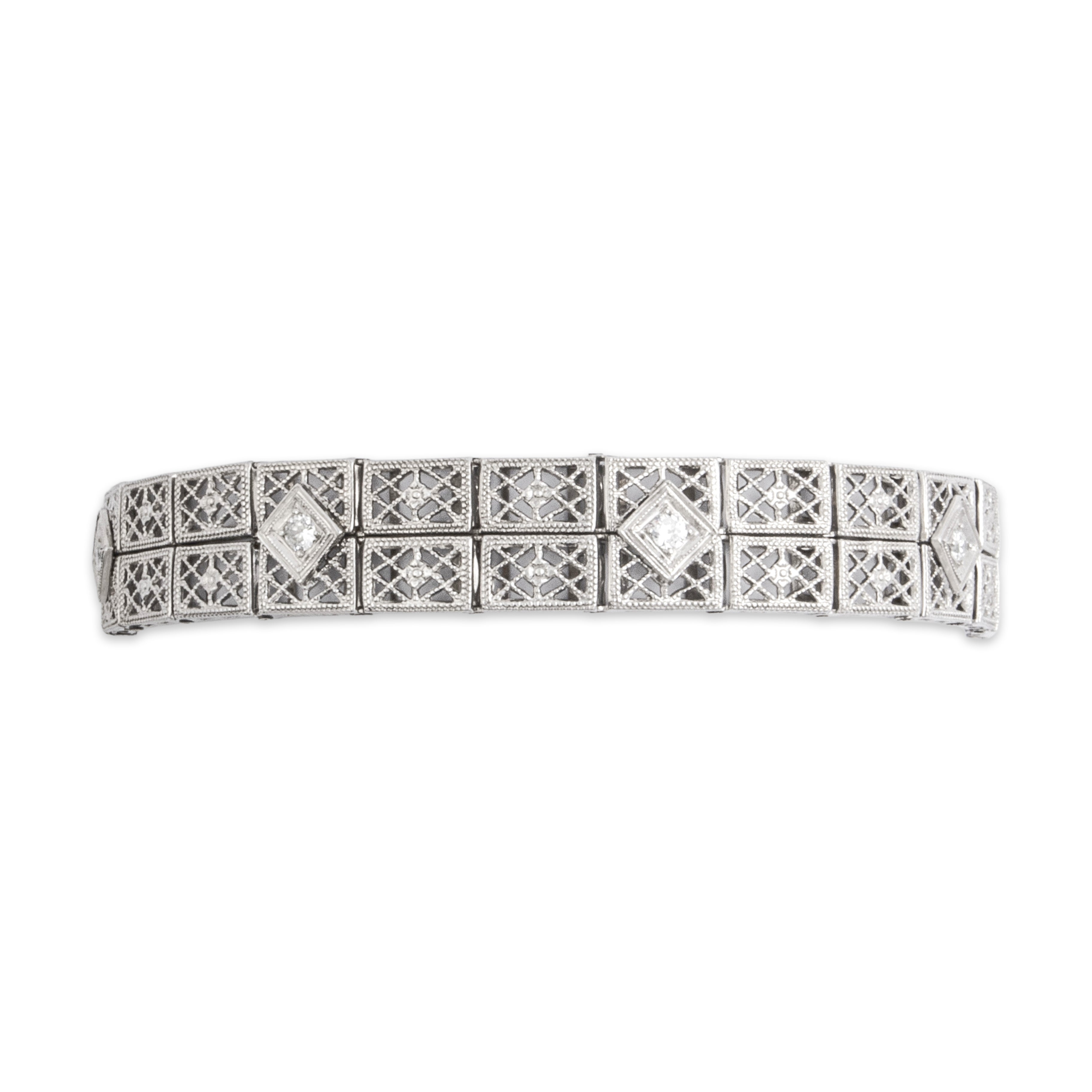 Antique 14k White Gold Old European Cut Diamond Stunning Double Row Openwork Bracelet - detail view #2