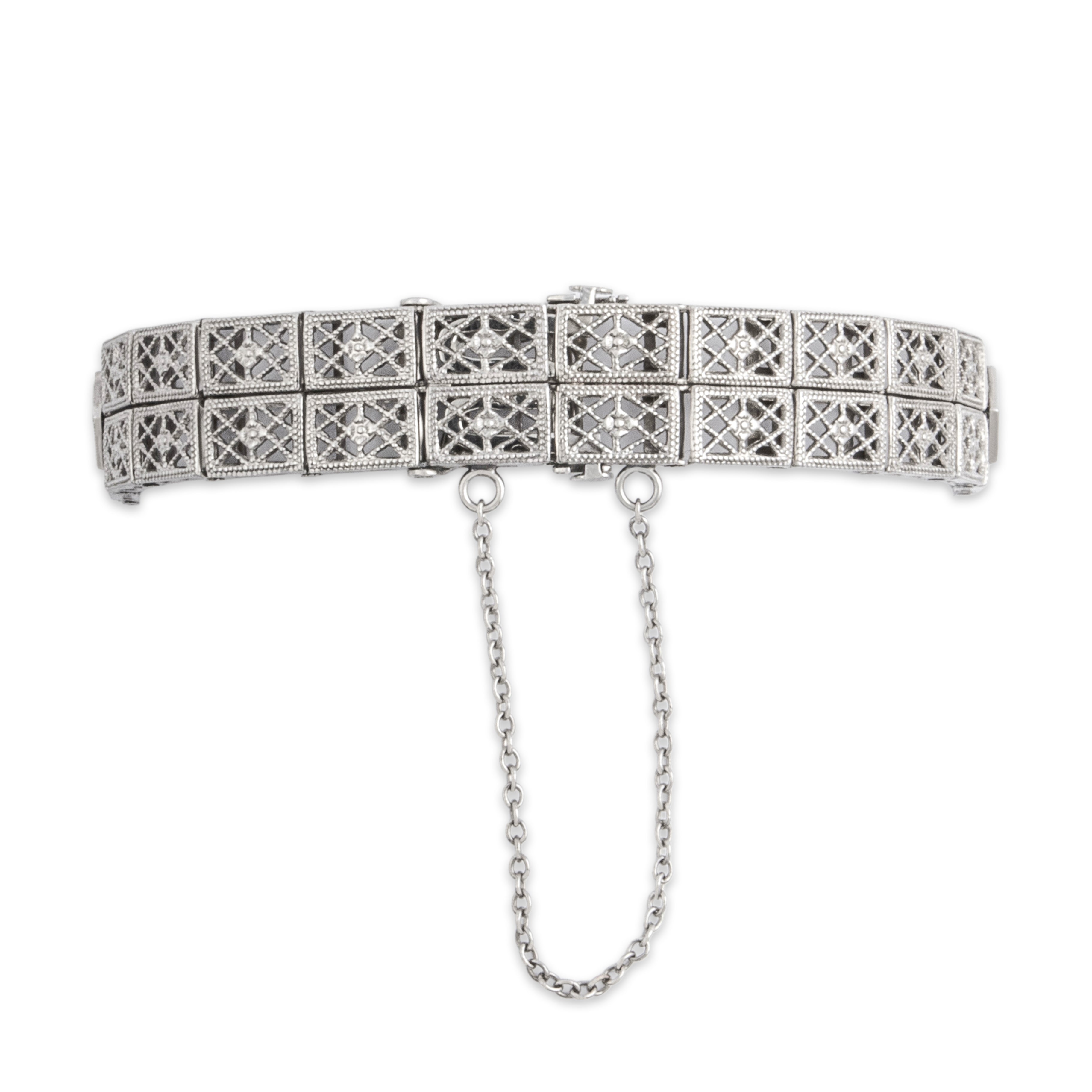 Antique 14k White Gold Old European Cut Diamond Stunning Double Row Openwork Bracelet - Close-up view