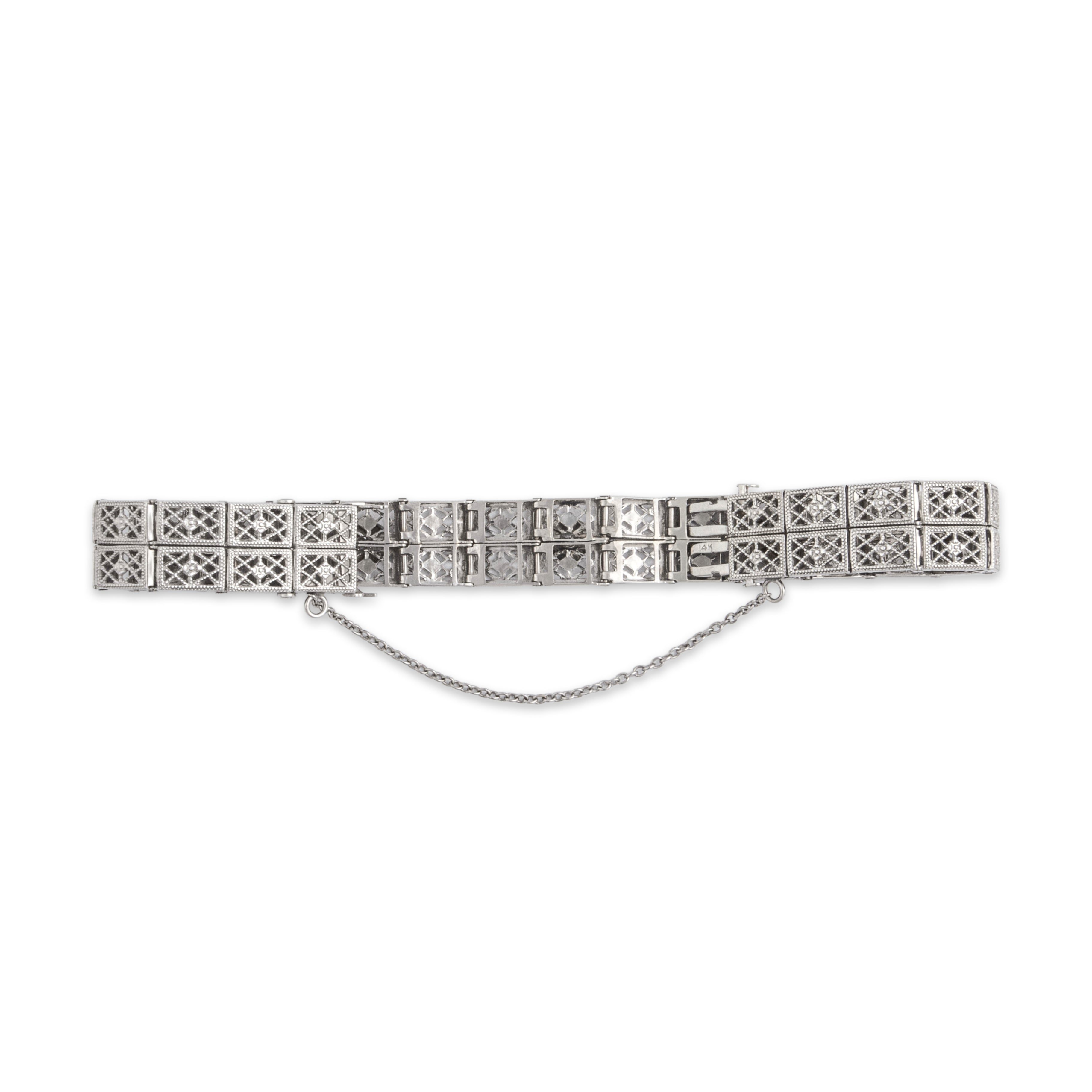 Antique 14k White Gold Old European Cut Diamond Stunning Double Row Openwork Bracelet - Back view