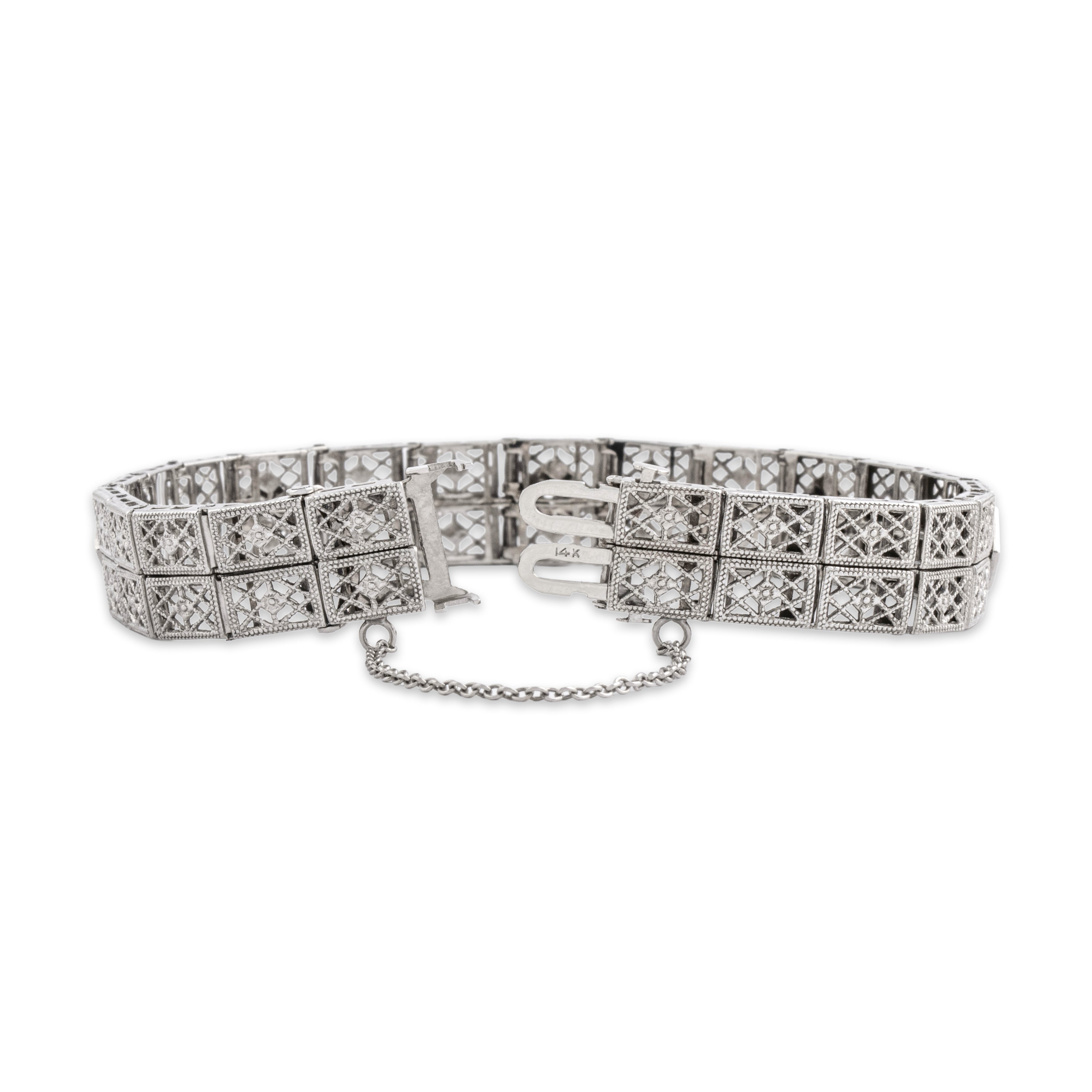 Antique 14k White Gold Old European Cut Diamond Stunning Double Row Openwork Bracelet - clasp view