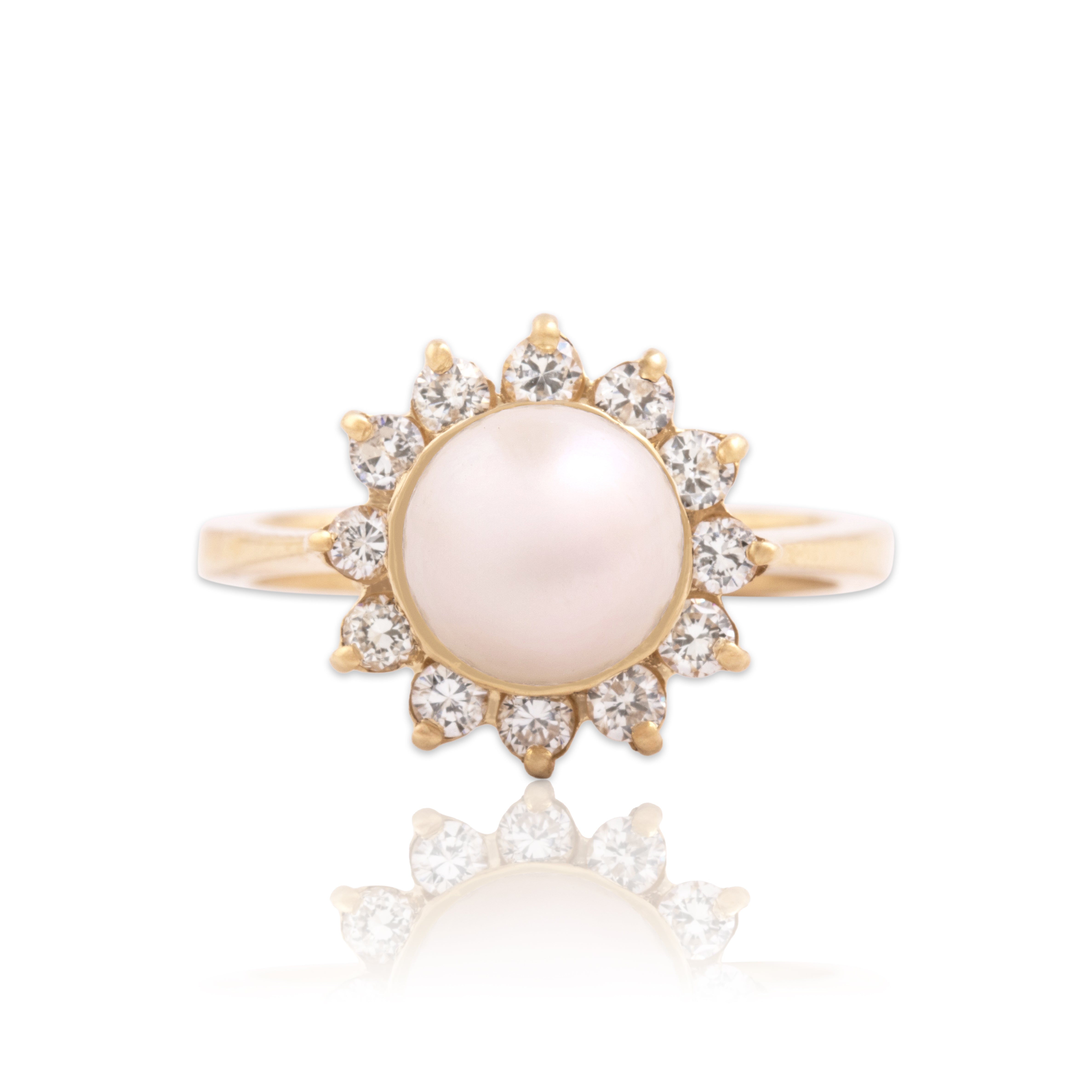 Vintage 14k Yellow Gold Pearl Diamond Luminous Sparkling Halo Ring - Close-up view