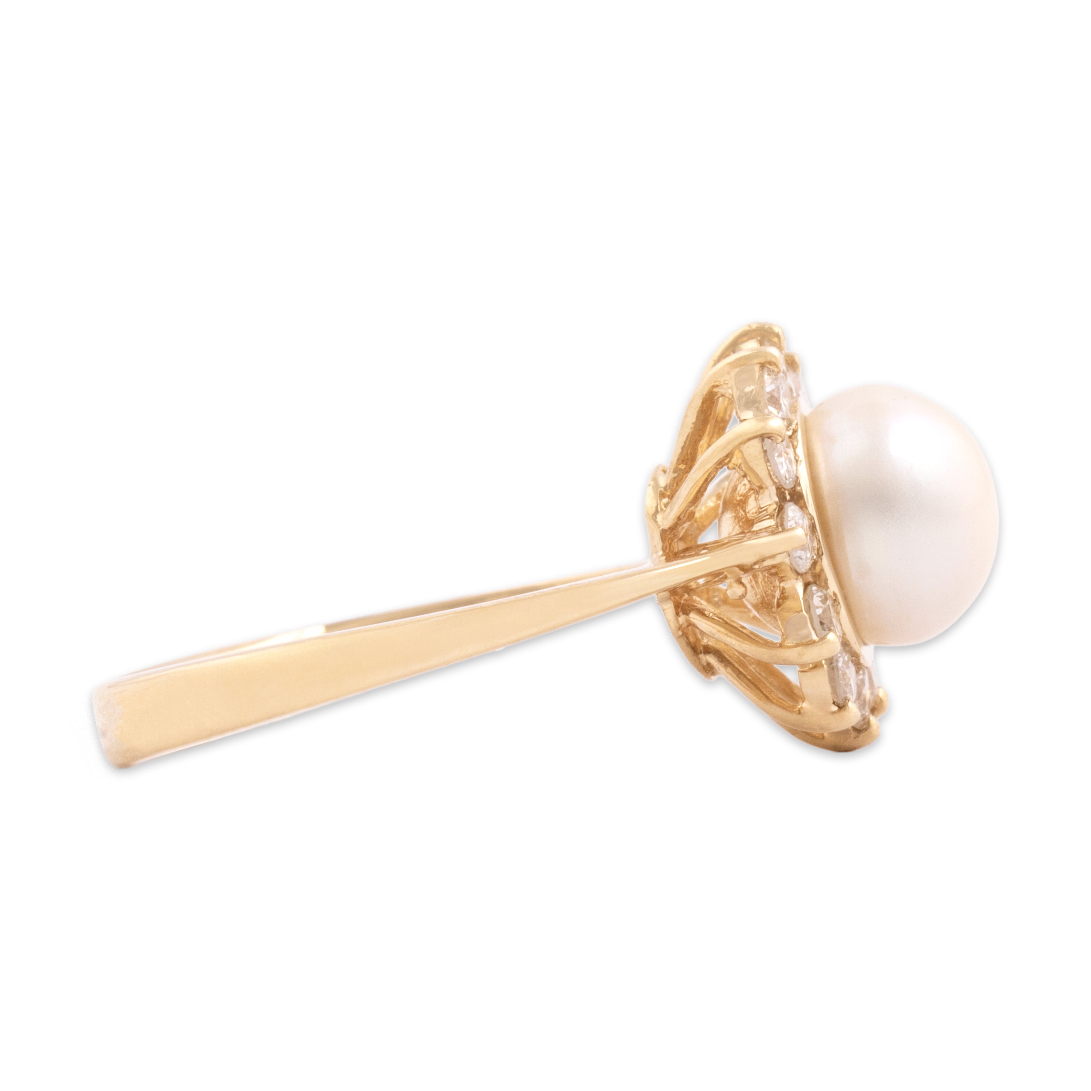 Vintage 14k Yellow Gold Pearl Diamond Luminous Sparkling Halo Ring - Side view