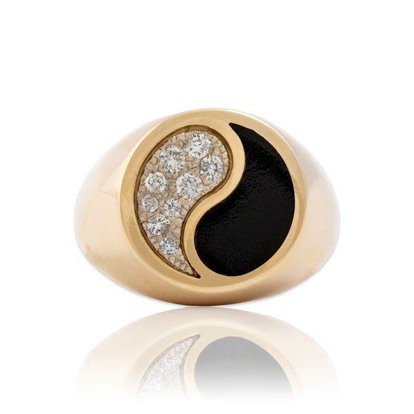 Vintage 14k Yellow Gold Diamond Black Enamel Yin & Yang Signet Ring 7.50